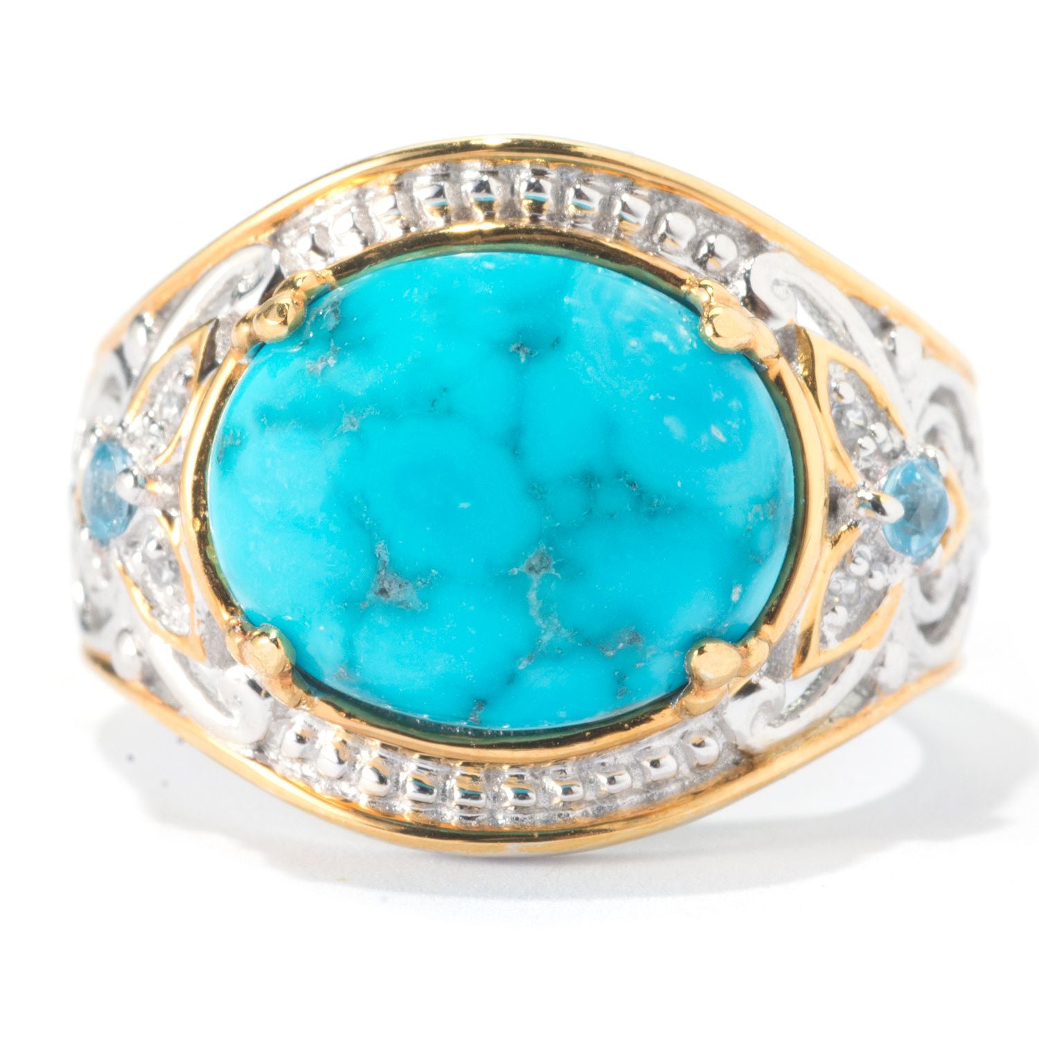 Gems en Vogue Bird Eye Turquoise, Swiss Blue Topaz & White Zircon Ring