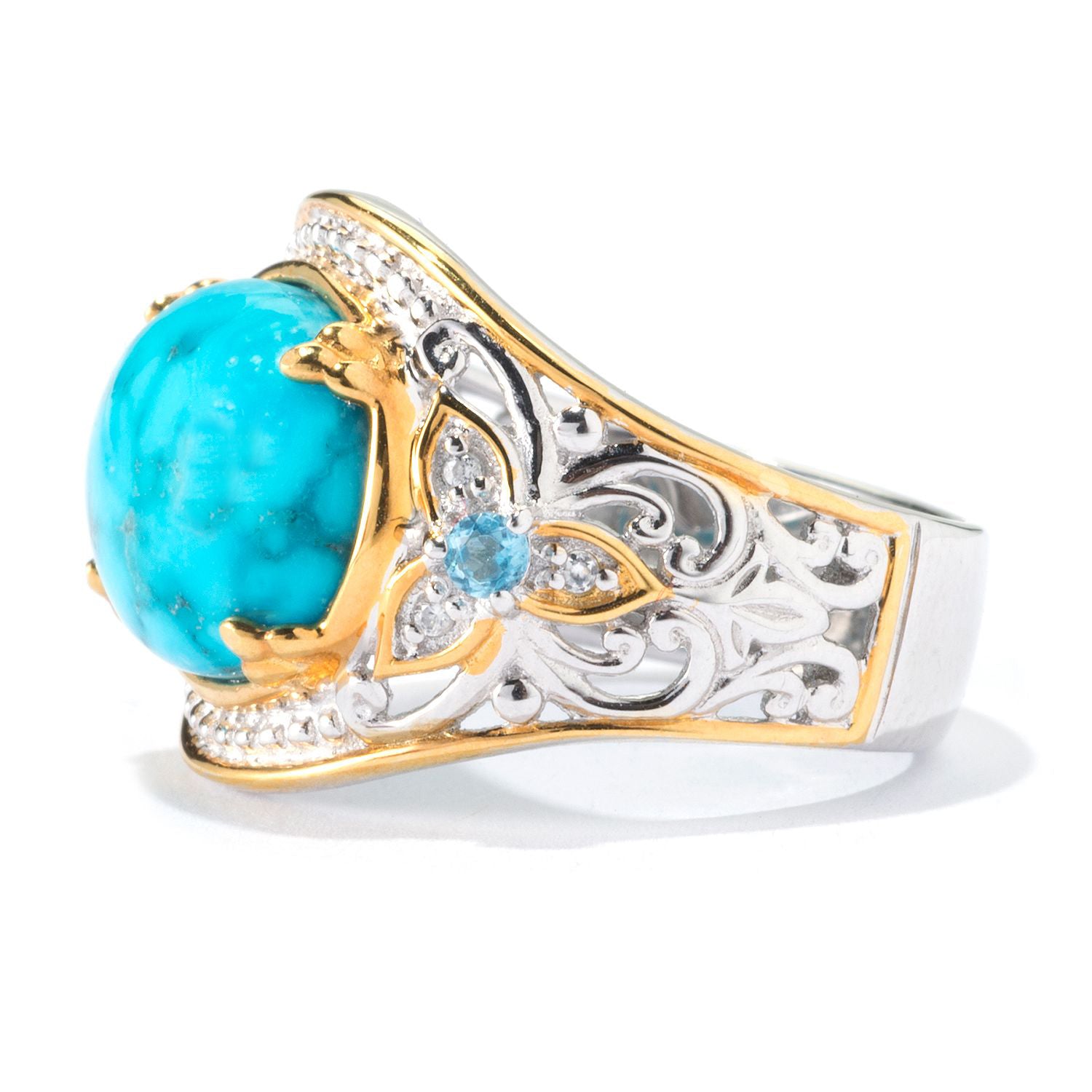 Gems en Vogue Bird Eye Turquoise, Swiss Blue Topaz & White Zircon Ring