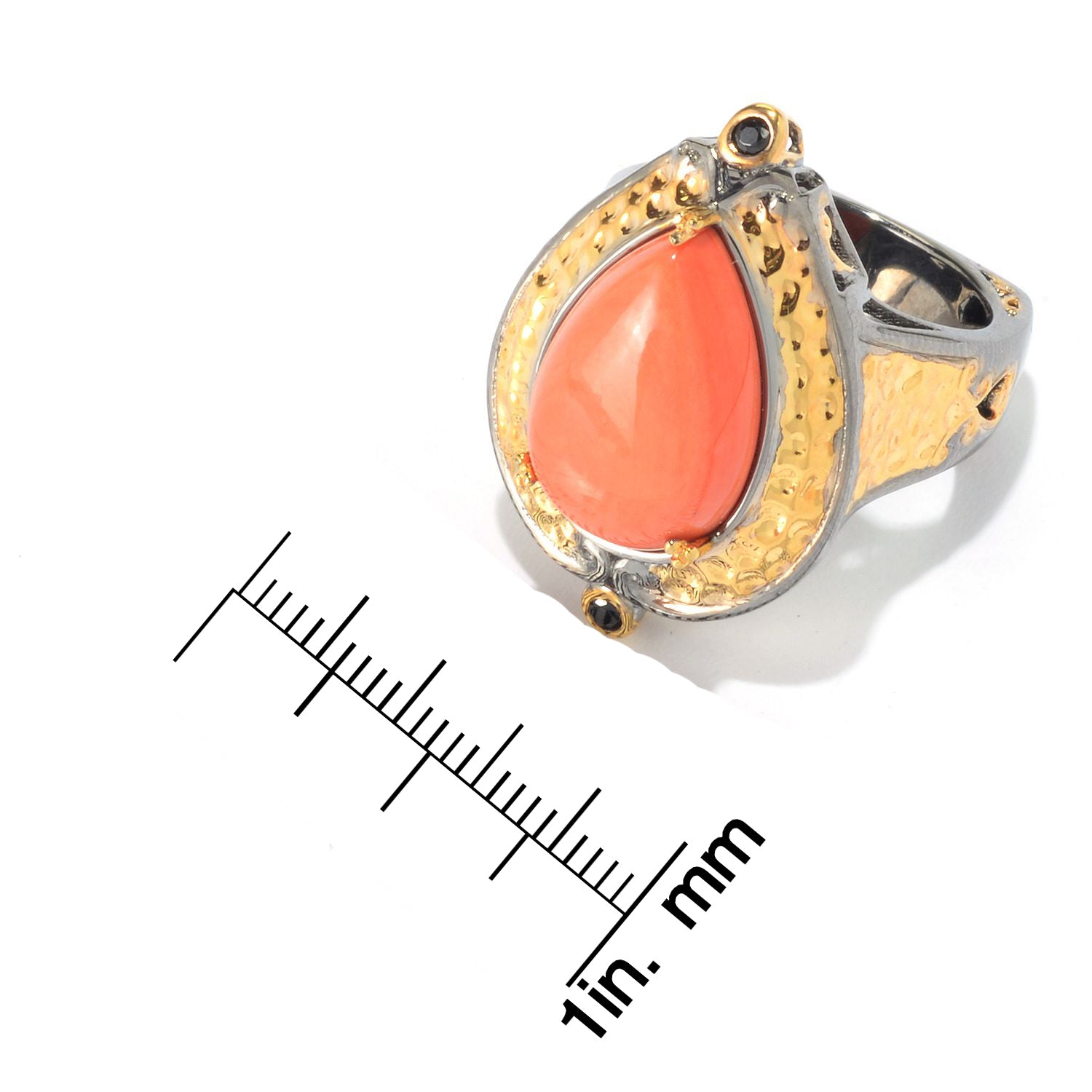 Gems en Vogue Salmon Coral & Black Spinel Pear Ring