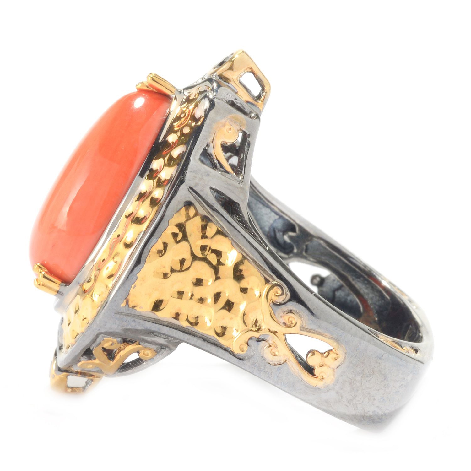 Gems en Vogue Salmon Coral & Black Spinel Pear Ring