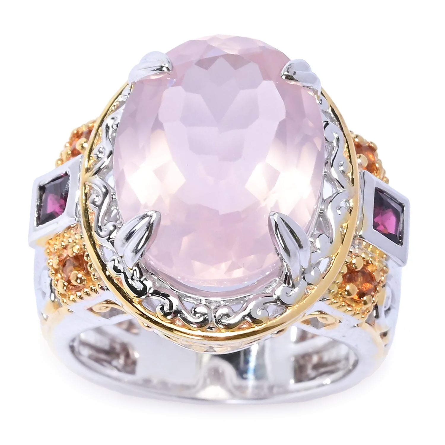 Gems en Vogue 9.43ctw Madagascar Rose Quartz, Rhodolite & Madeira Citrine Ring