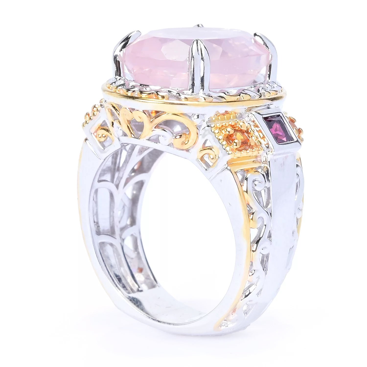 Gems en Vogue 9.43ctw Madagascar Rose Quartz, Rhodolite & Madeira Citrine Ring