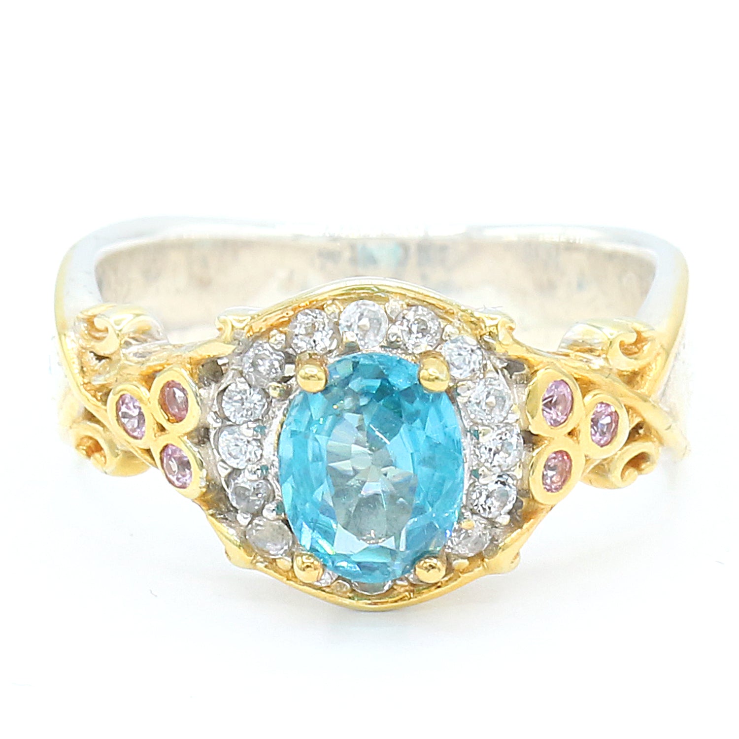 Gems en Vogue 2.58ctw Blue Zircon, Pink Sapphire & White Topaz Halo Ring