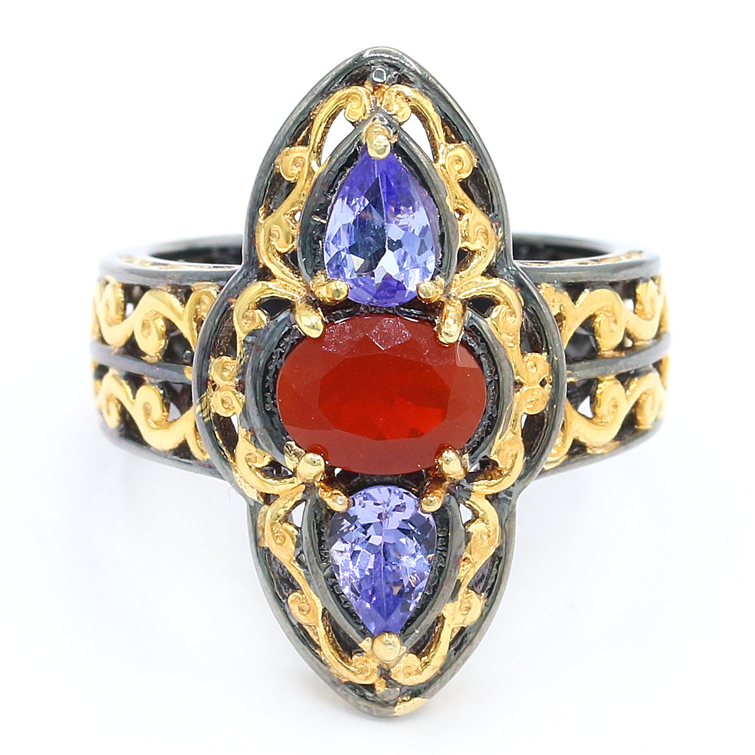 Gems en Vogue 1.42ctw Fire Opal & Tanzanite Three Stone Elongated Ring