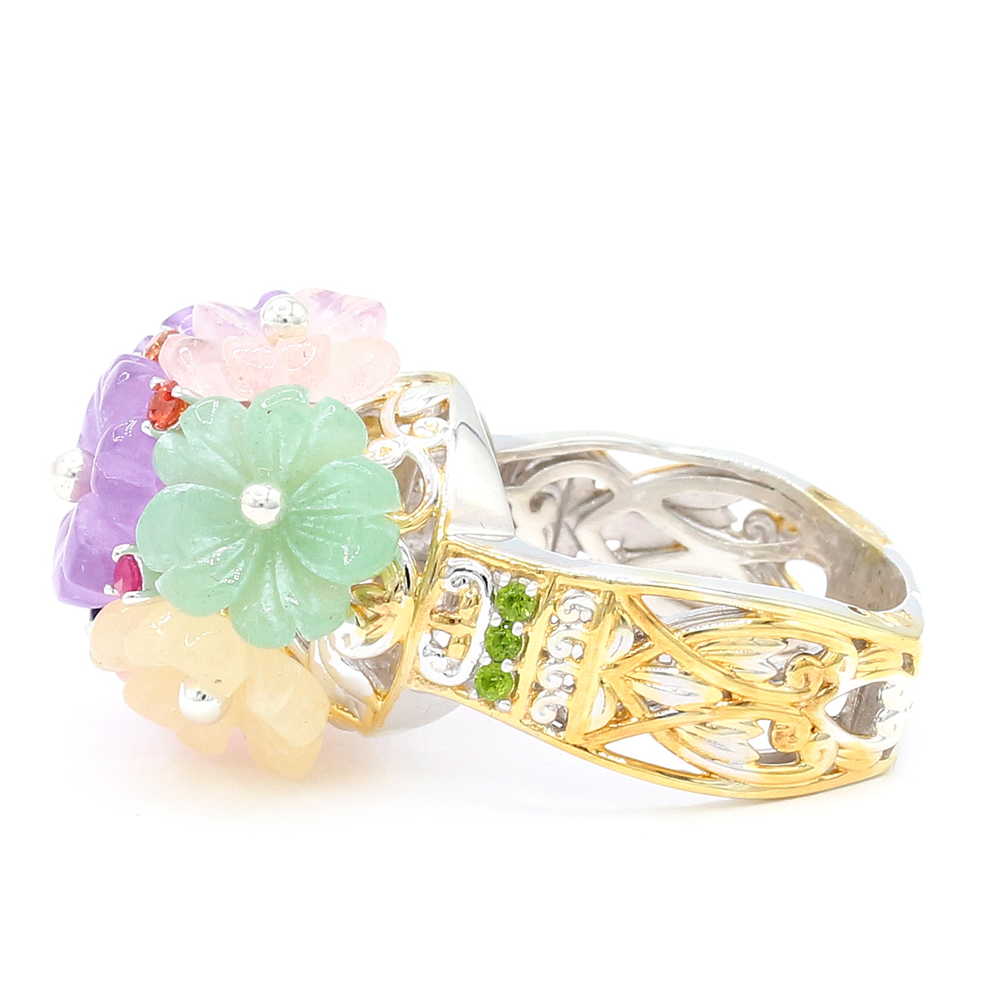 Gems en Vogue 24K Palladium Silver Multi Gemstones Carved Flower Ring