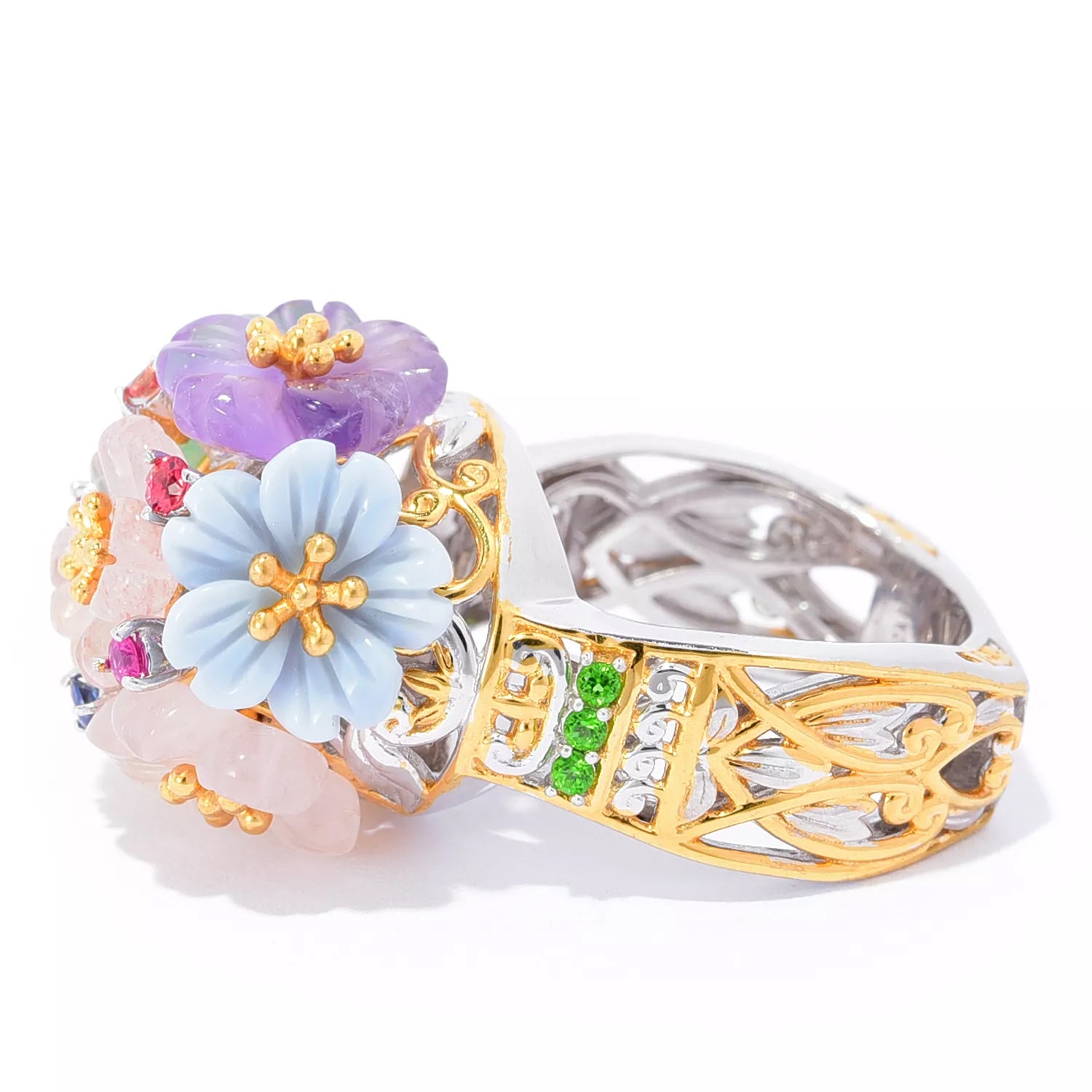 Gems en Vogue 1.15ctw Multi Gemstones Carved Flower Ring