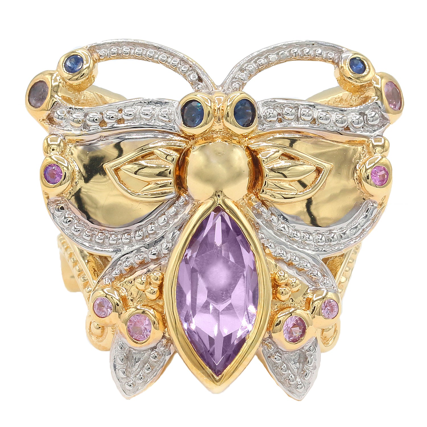 Gems en Vogue 2.09ctw Pink Amethyst & Multi Sapphire Butterfly Ring
