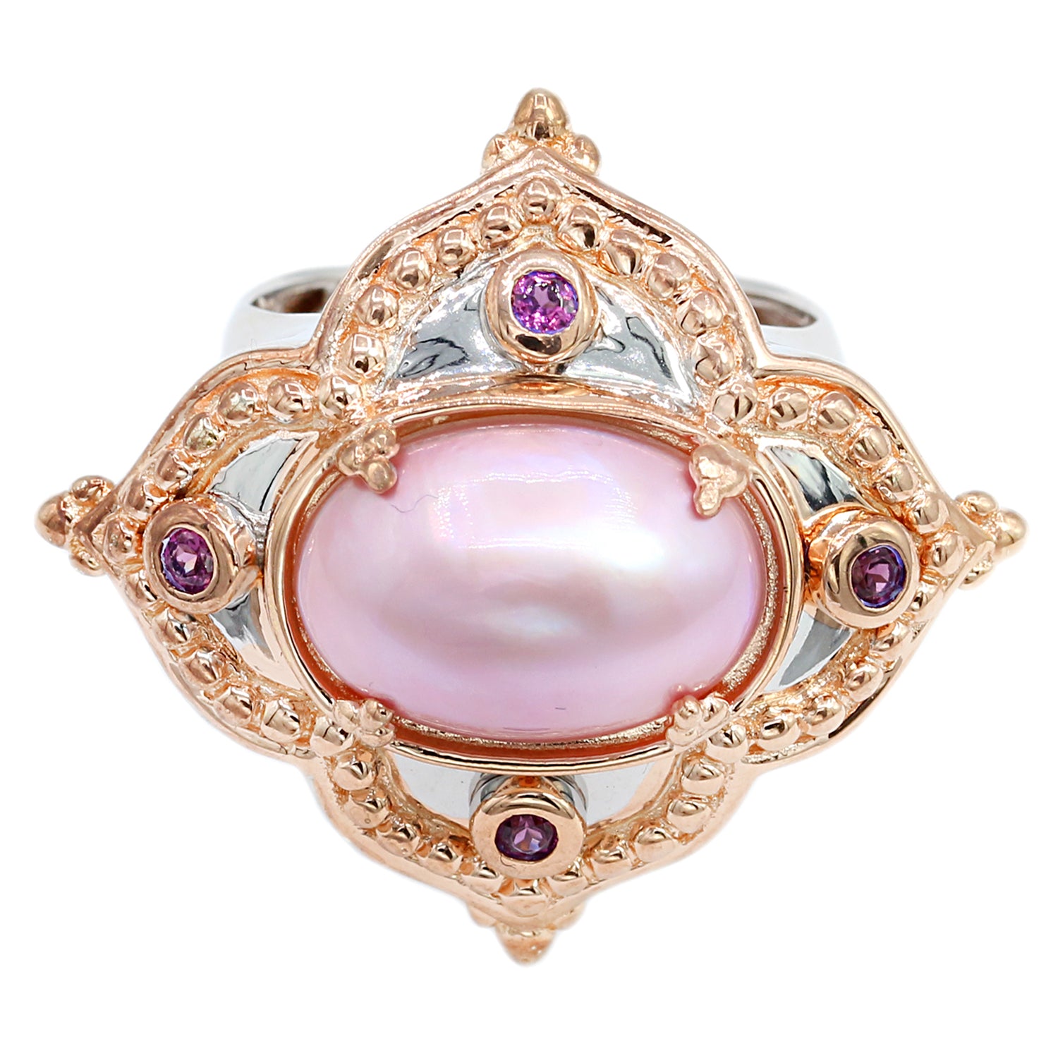 Gems en Vogue 18K Palladium Silver Pink Mabe Pearl & Rhodolite Garnet Etruscan Ring
