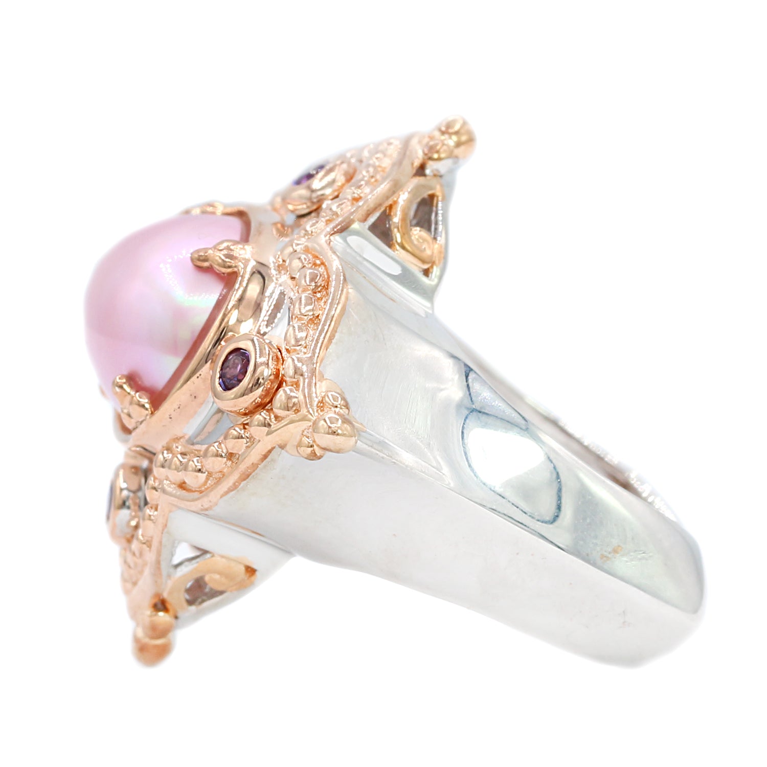 Gems en Vogue 18K Palladium Silver Pink Mabe Pearl & Rhodolite Garnet Etruscan Ring