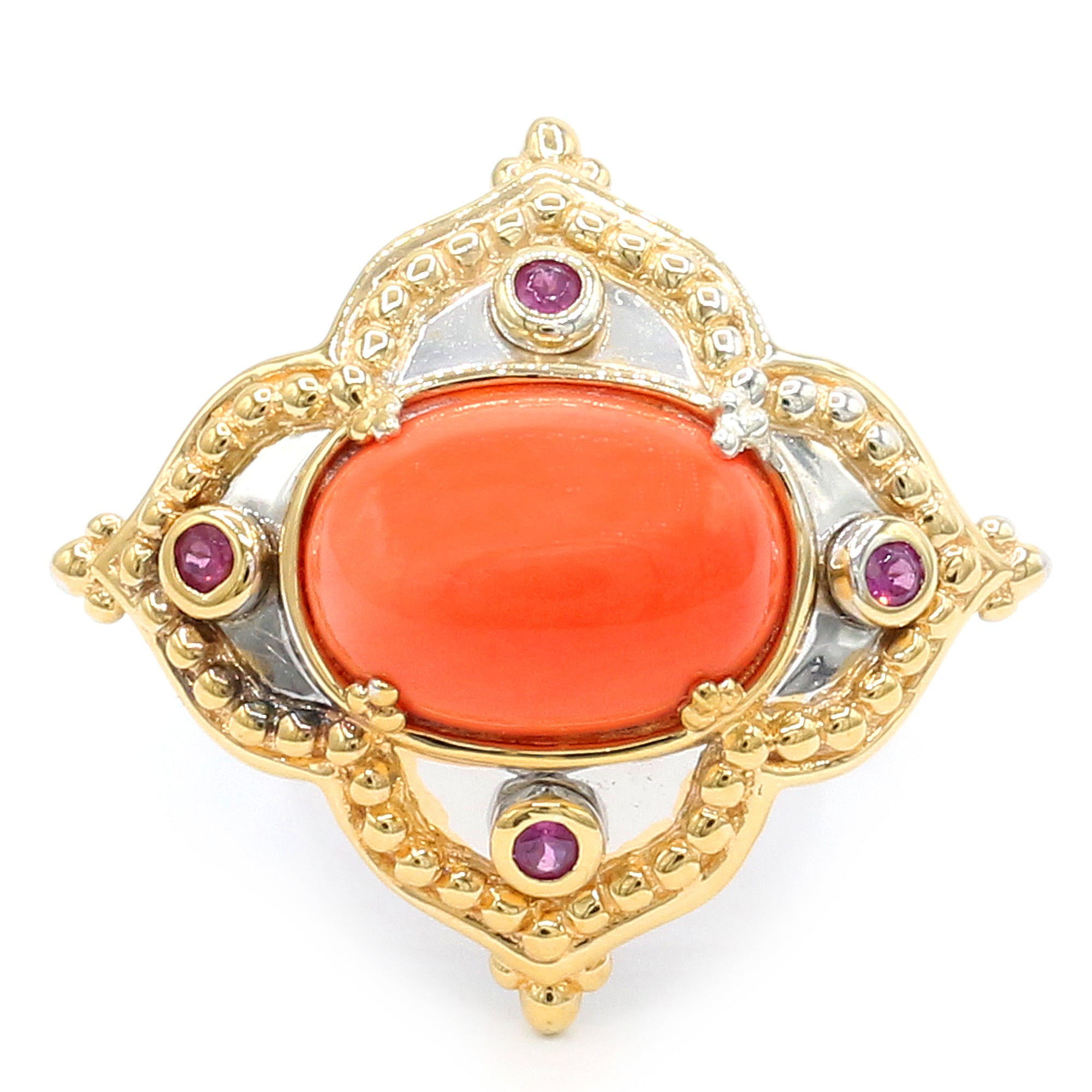 Gems en Vogue 24K Palladium Silver Salmon Coral & Rhodolite Garnet Etruscan Ring