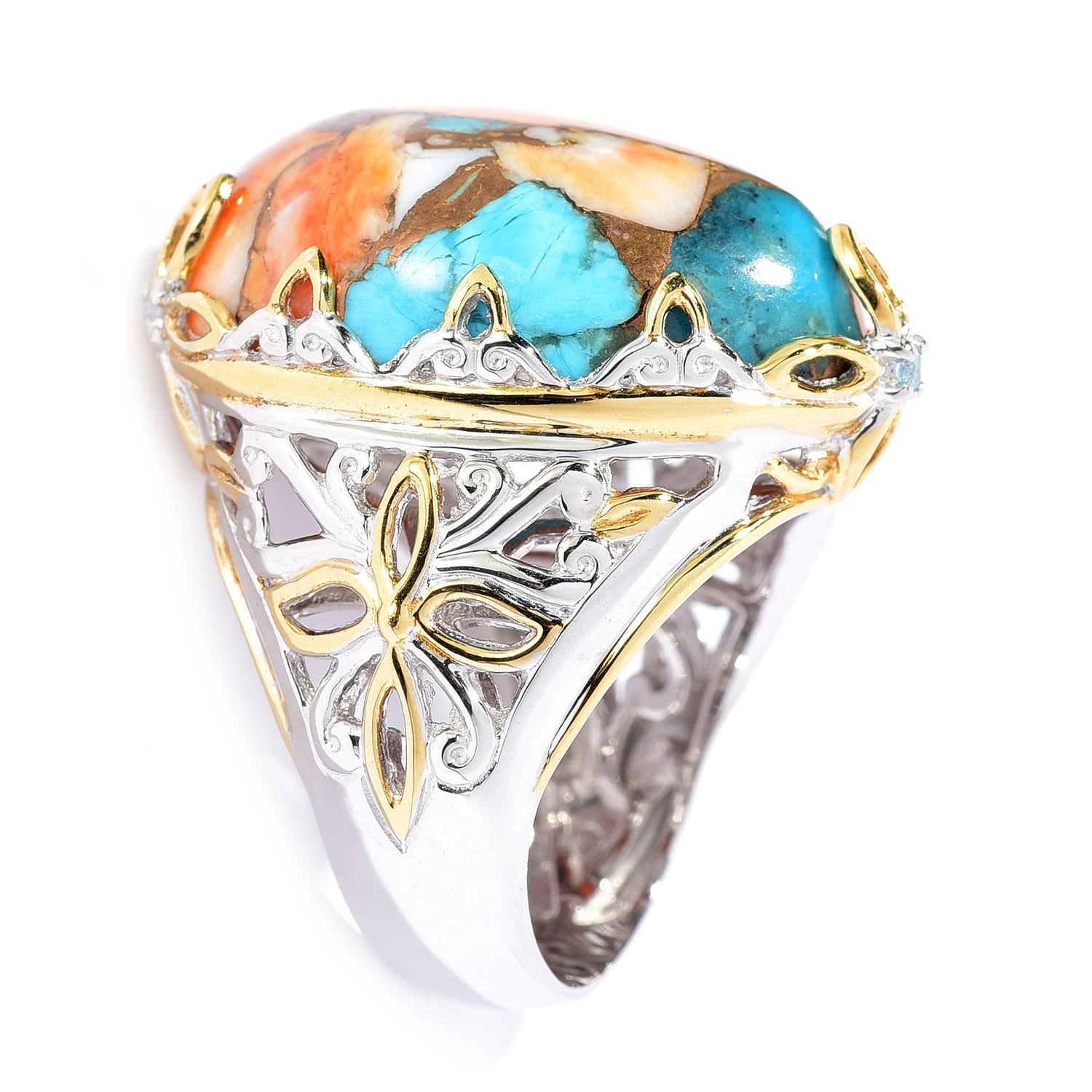 Gems en Vogue Pear Spiny Oyster Turquoise & Swiss Blue Topaz Ring