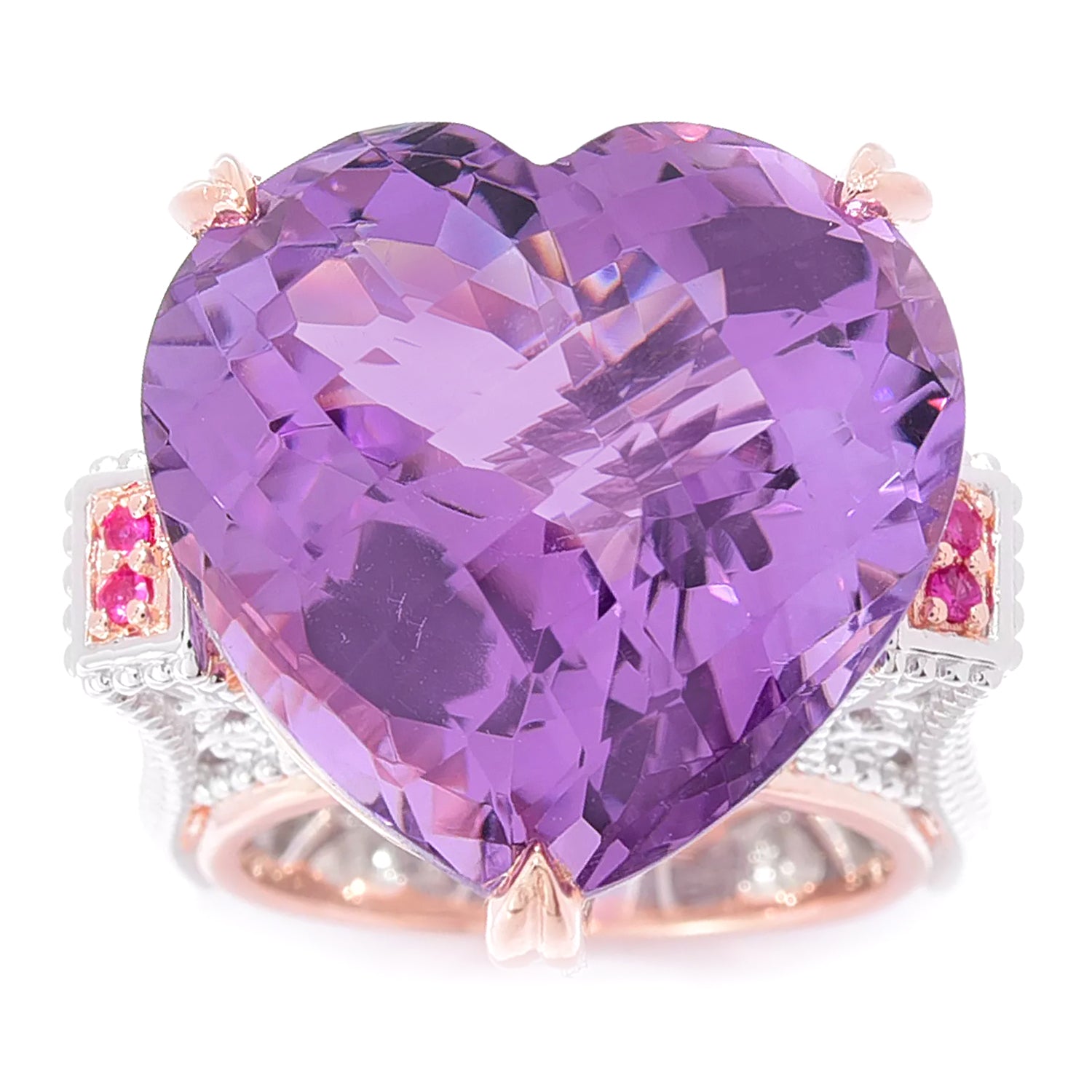 Gems en Vogue 30.08ctw Pink Amethyst & Ruby Heart Shaped Honker Ring