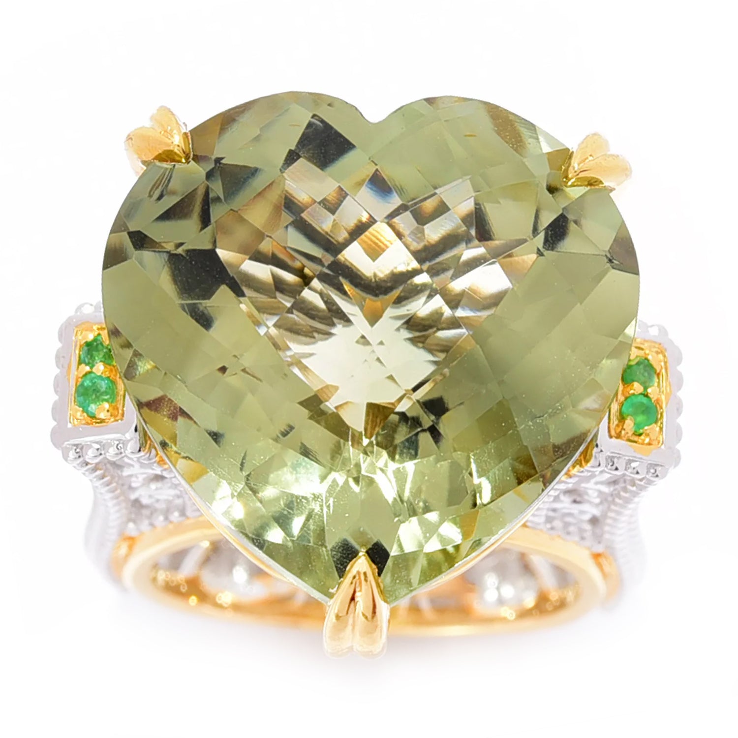 Gems en Vogue 30.08ctw Prasiolite & Emerald Heart Shaped Honker Ring