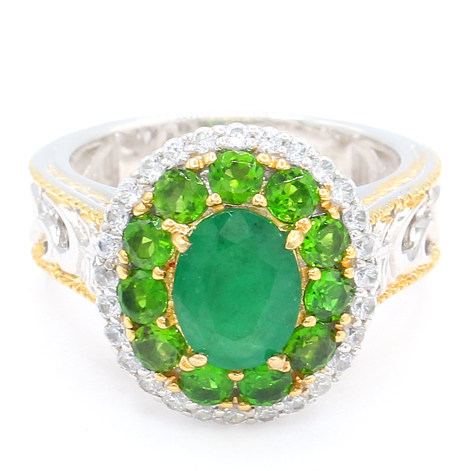 Gems en Vogue 4.33ctw Emerald, Chrome Diopside & White Zircon Double Halo Ring