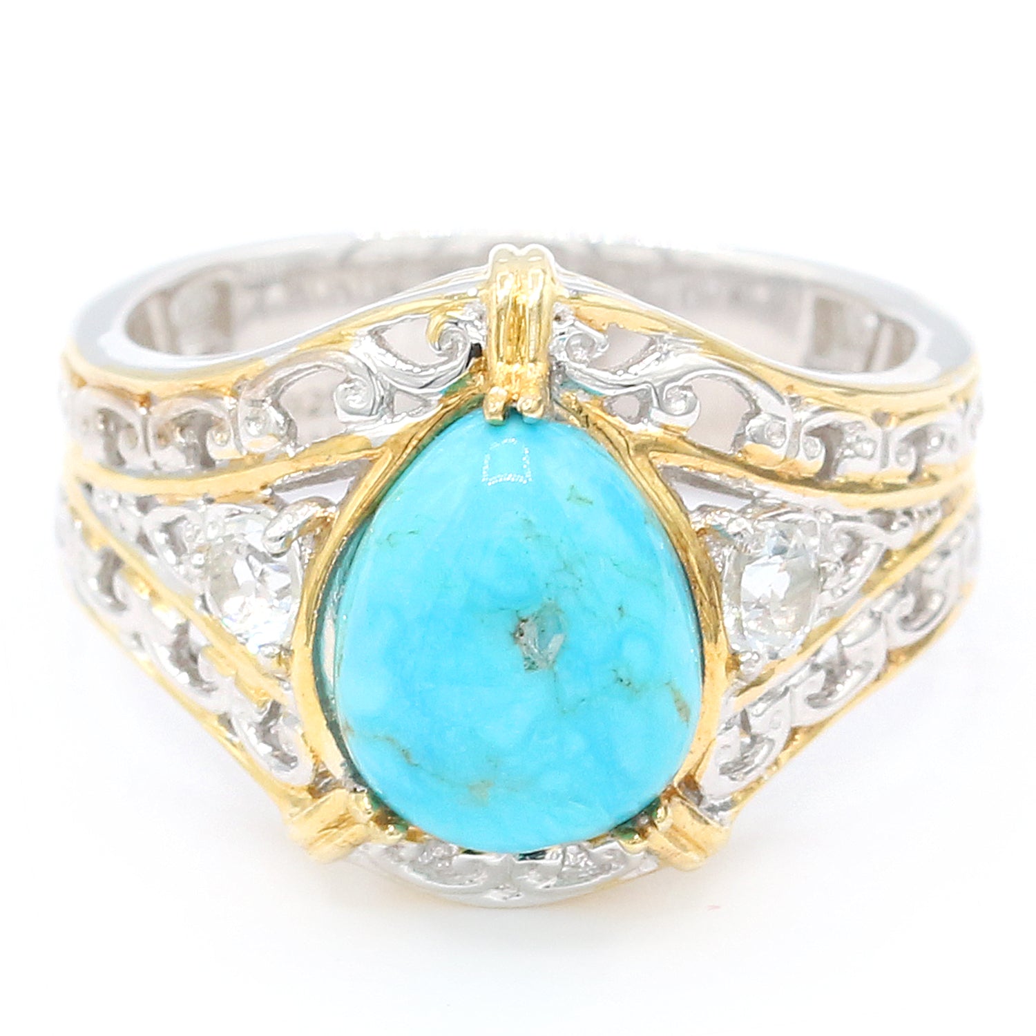 Gems en Vogue Pear Kingman Turquoise & White Topaz Ring