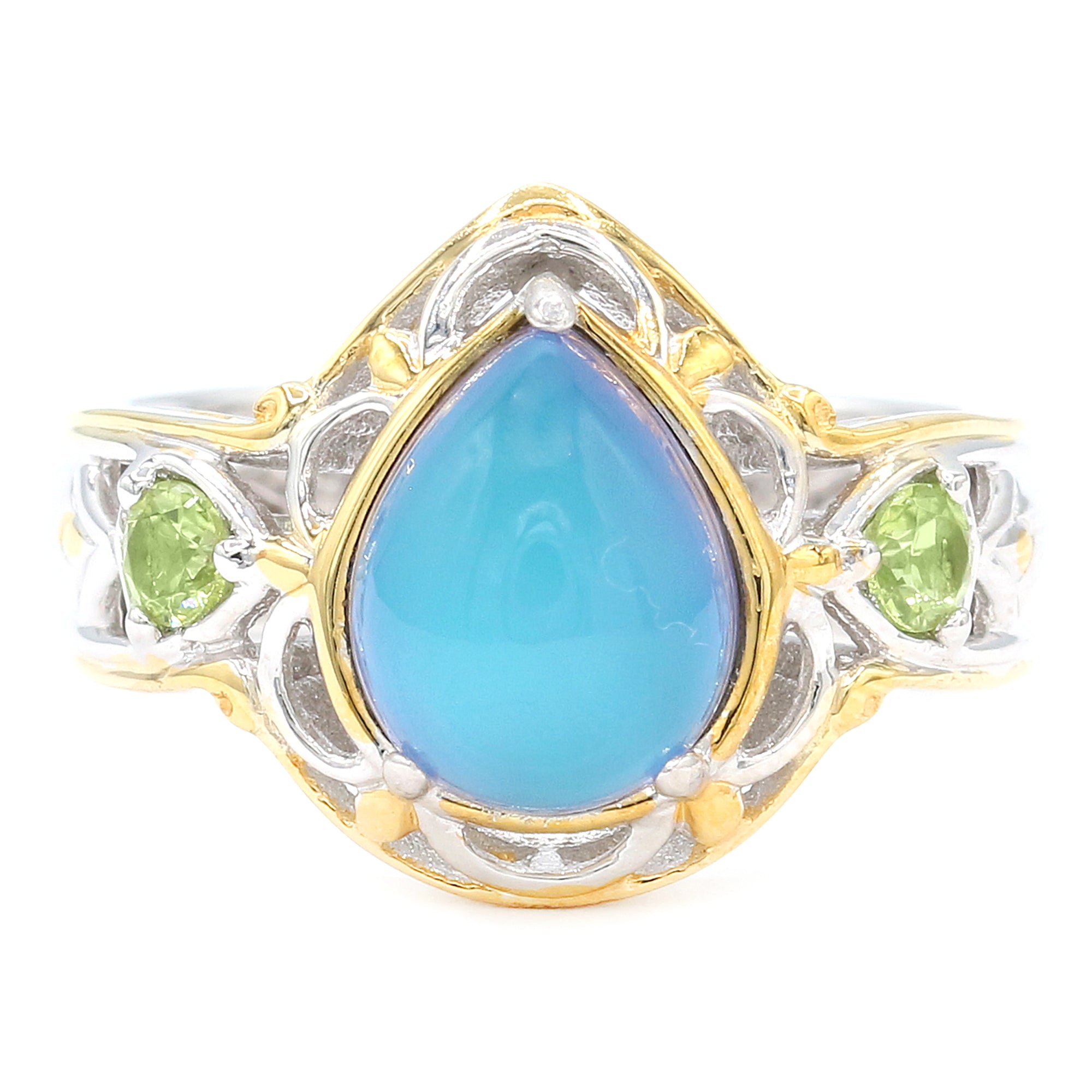 Gems en Vogue 24K Palladium Silver Teal Moonstone & Peridot Ring