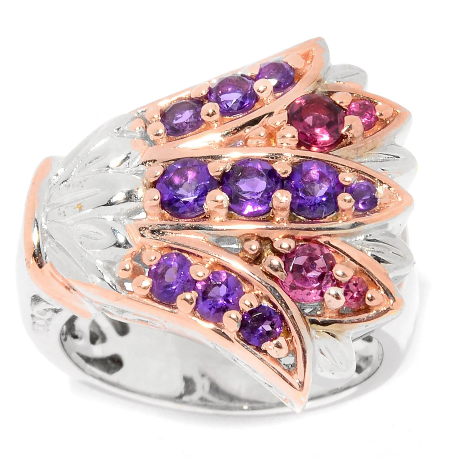 Gems en Vogue 0.86ctw African Amethyst & Pink Tourmaline Flower Ring