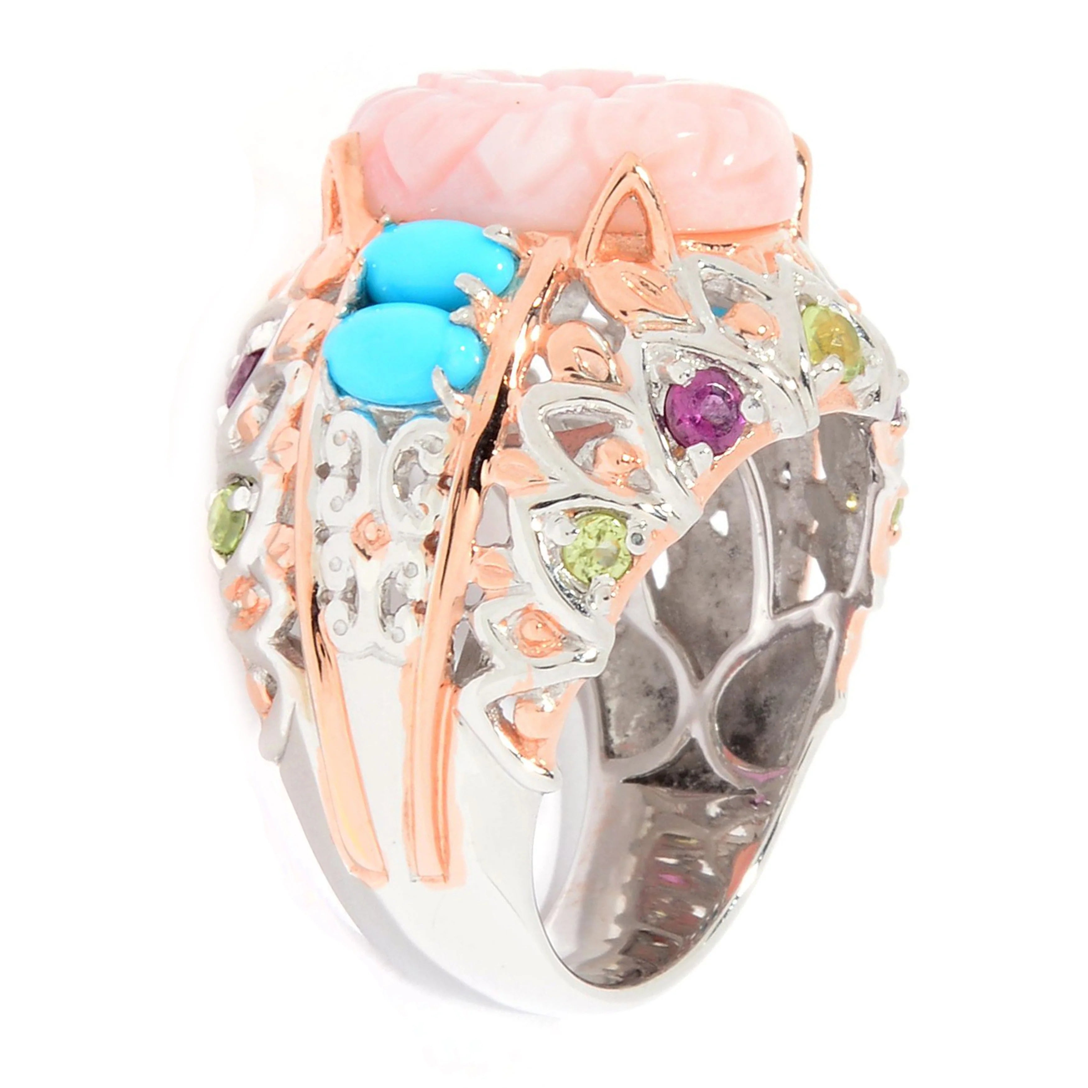 Gems en Vogue Carved Pink Opal & Multi Gemstone Flower Ring