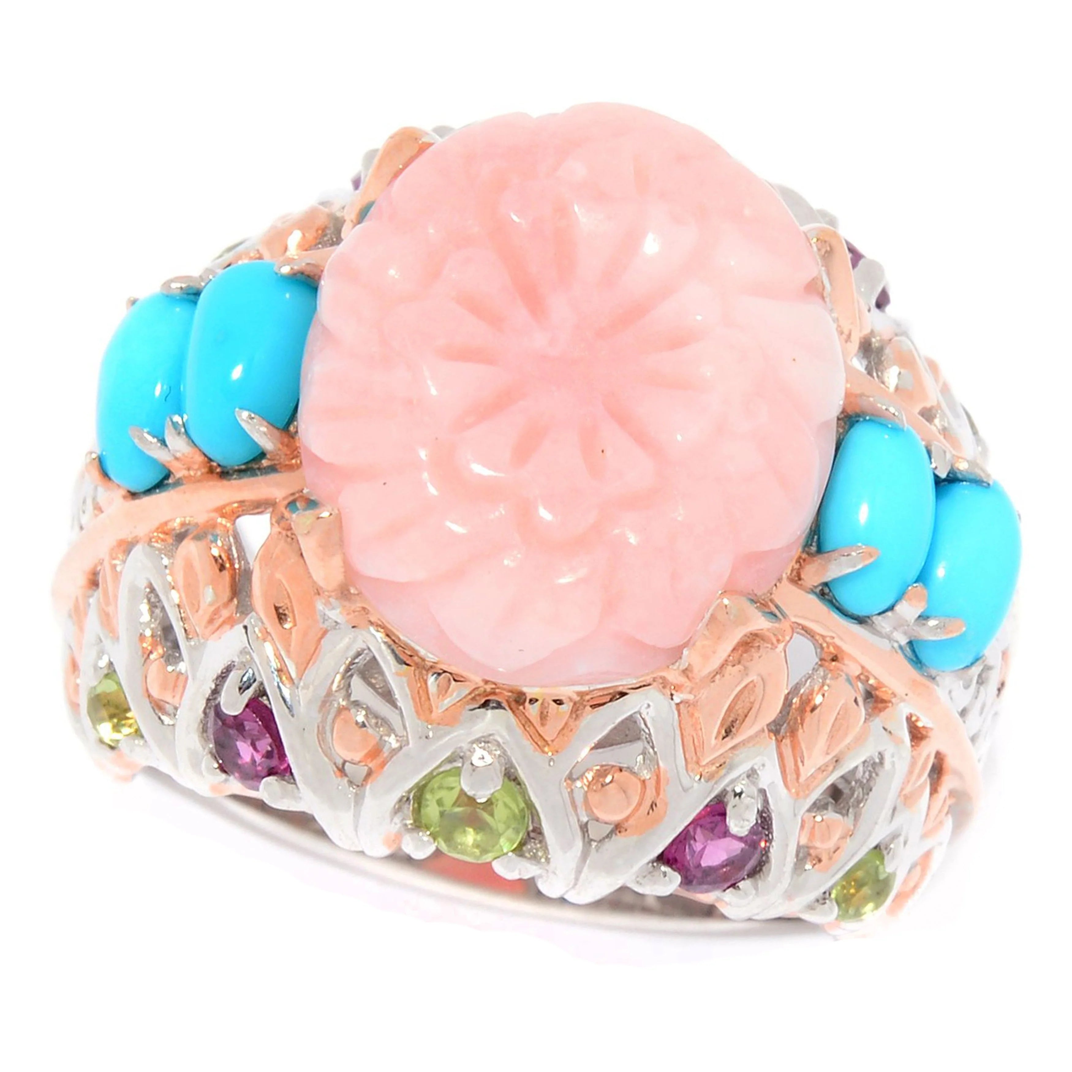 Gems en Vogue Carved Pink Opal & Multi Gemstone Flower Ring