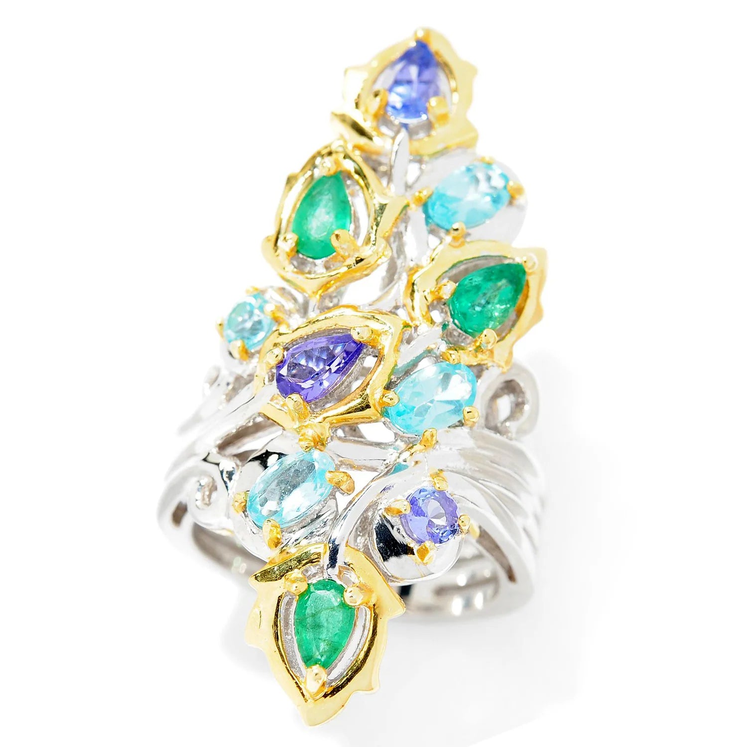 Gems en Vogue 3.64ctw Tanzanite Emerald & Apatite Leaf Ring