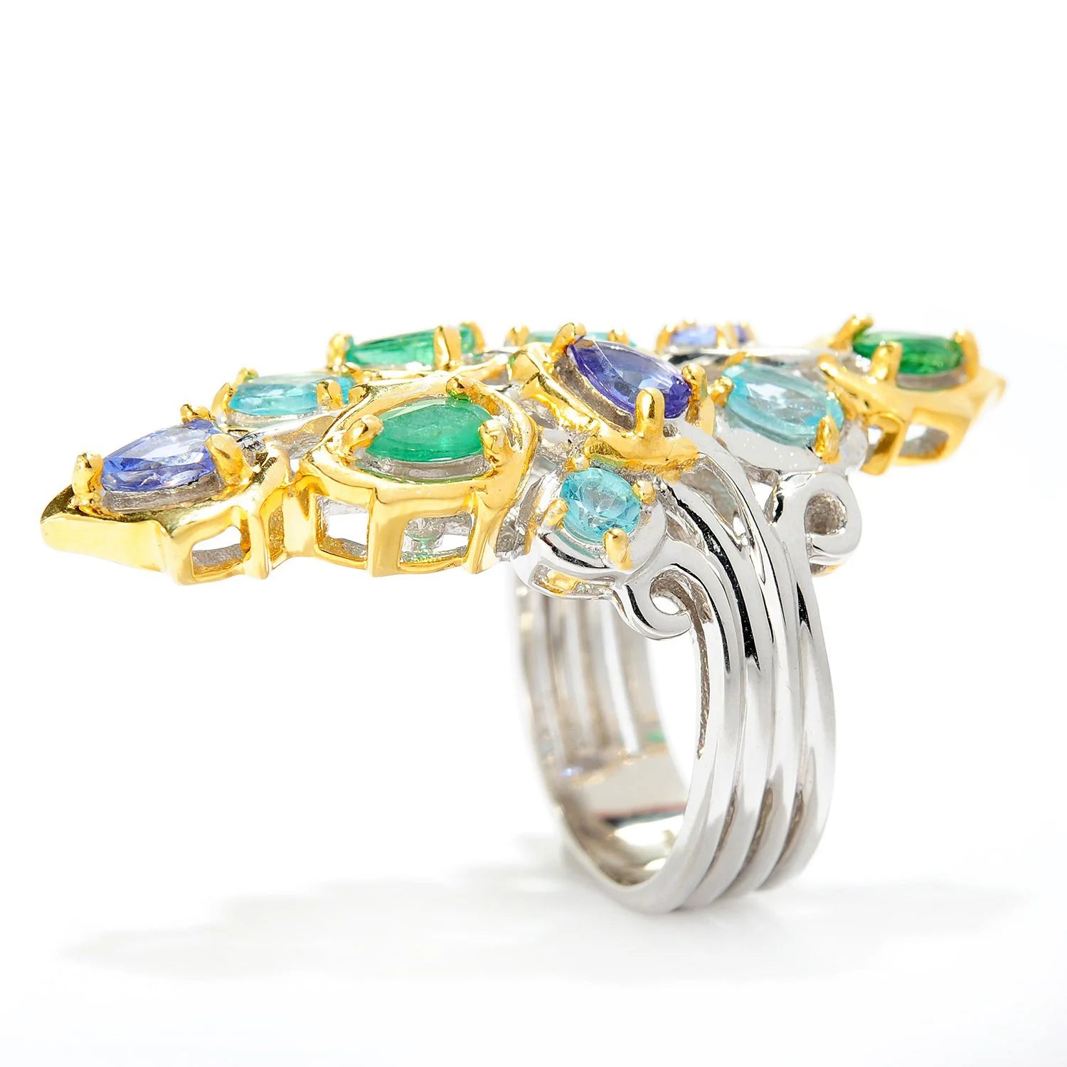 Gems en Vogue 3.64ctw Tanzanite Emerald & Apatite Leaf Ring