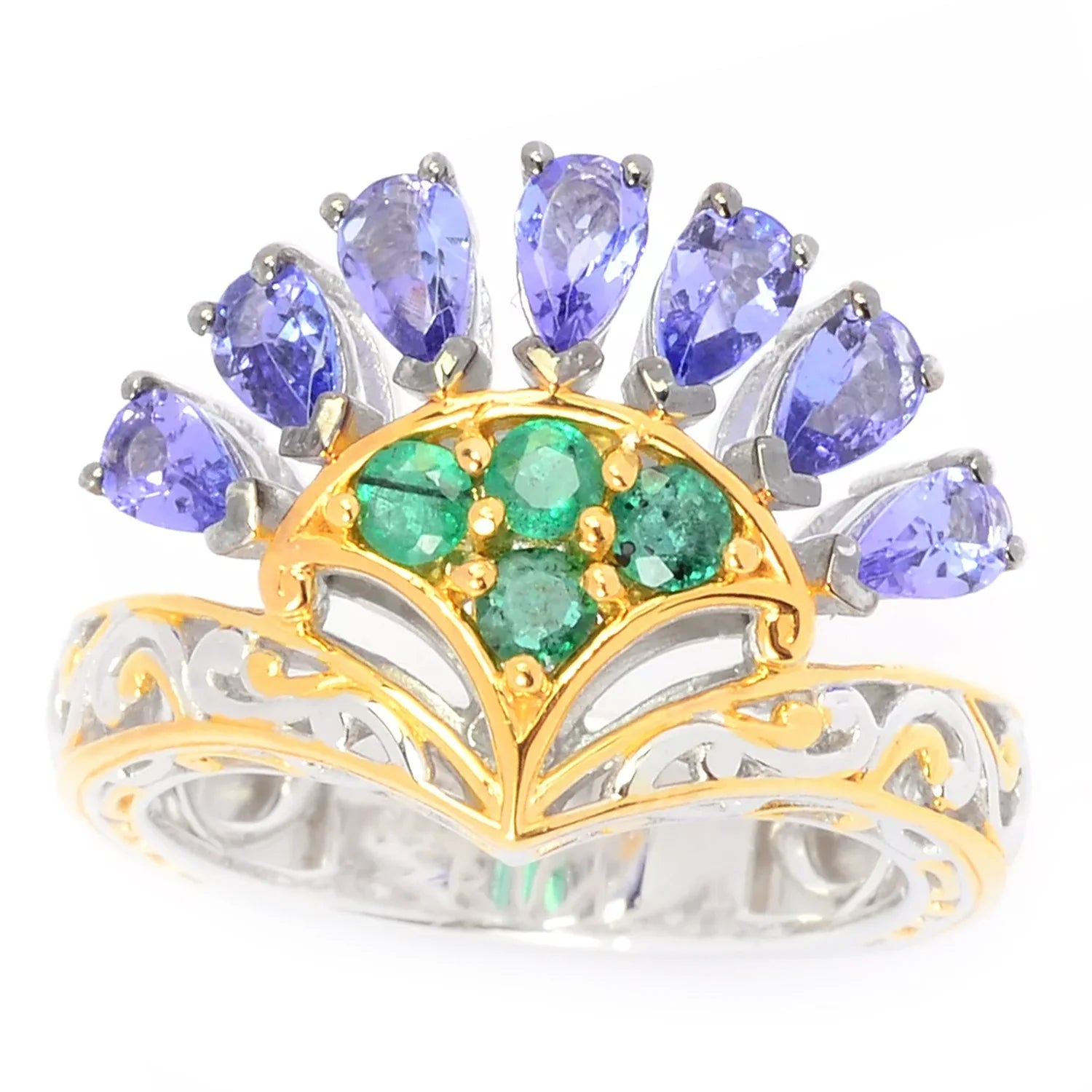 Gems en Vogue 1.69ctw Tanzanite & Zambian Emerald Fan Ring