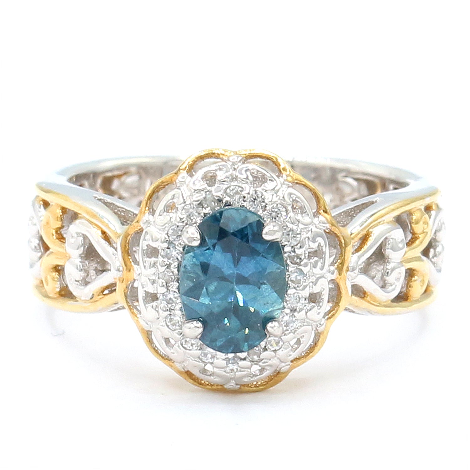 Gems en Vogue 1.27ctw Teal Sapphire & White Zircon Halo Ring