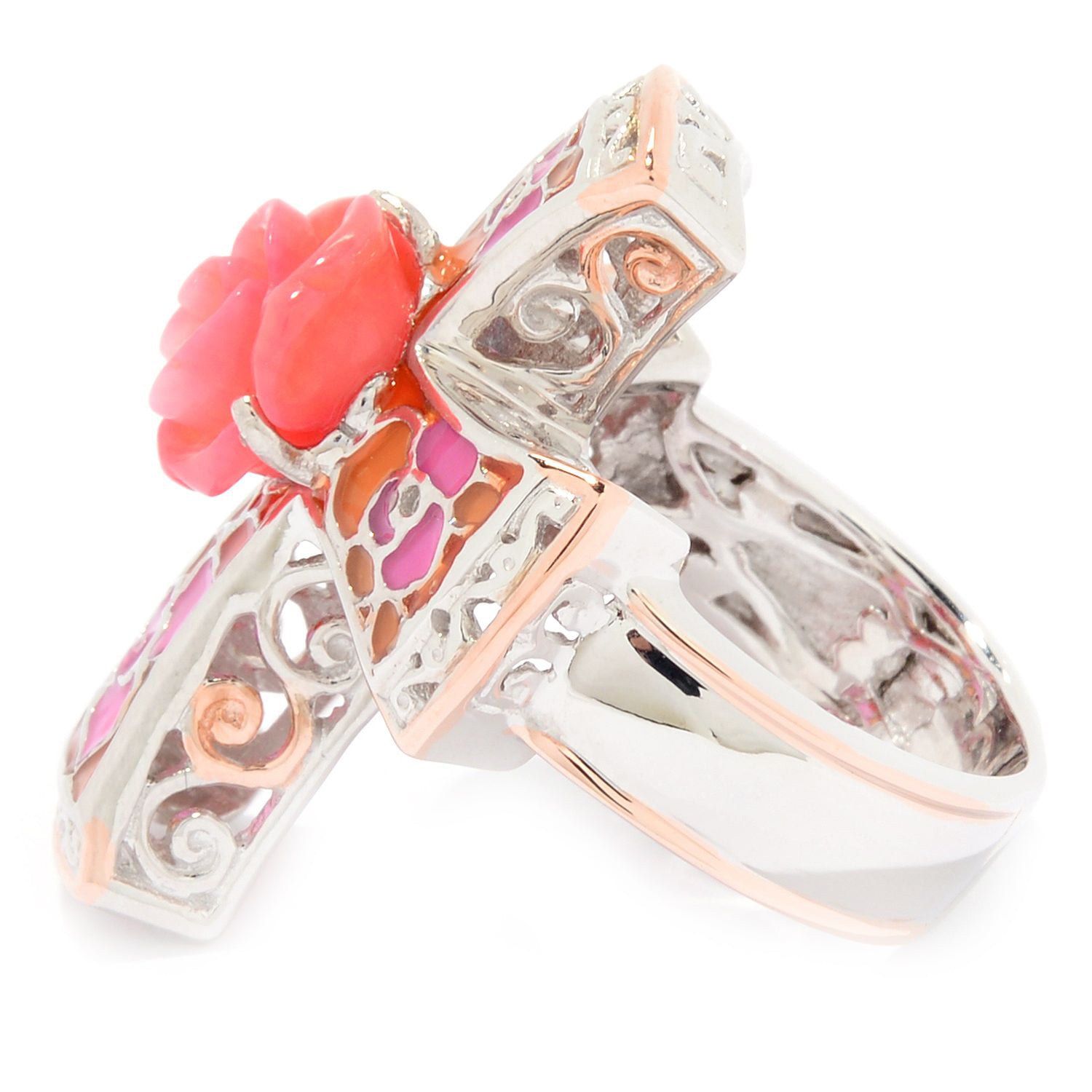 Gems en Vogue Salmon Coral Carved Rose Flower Enamel Cross Ring