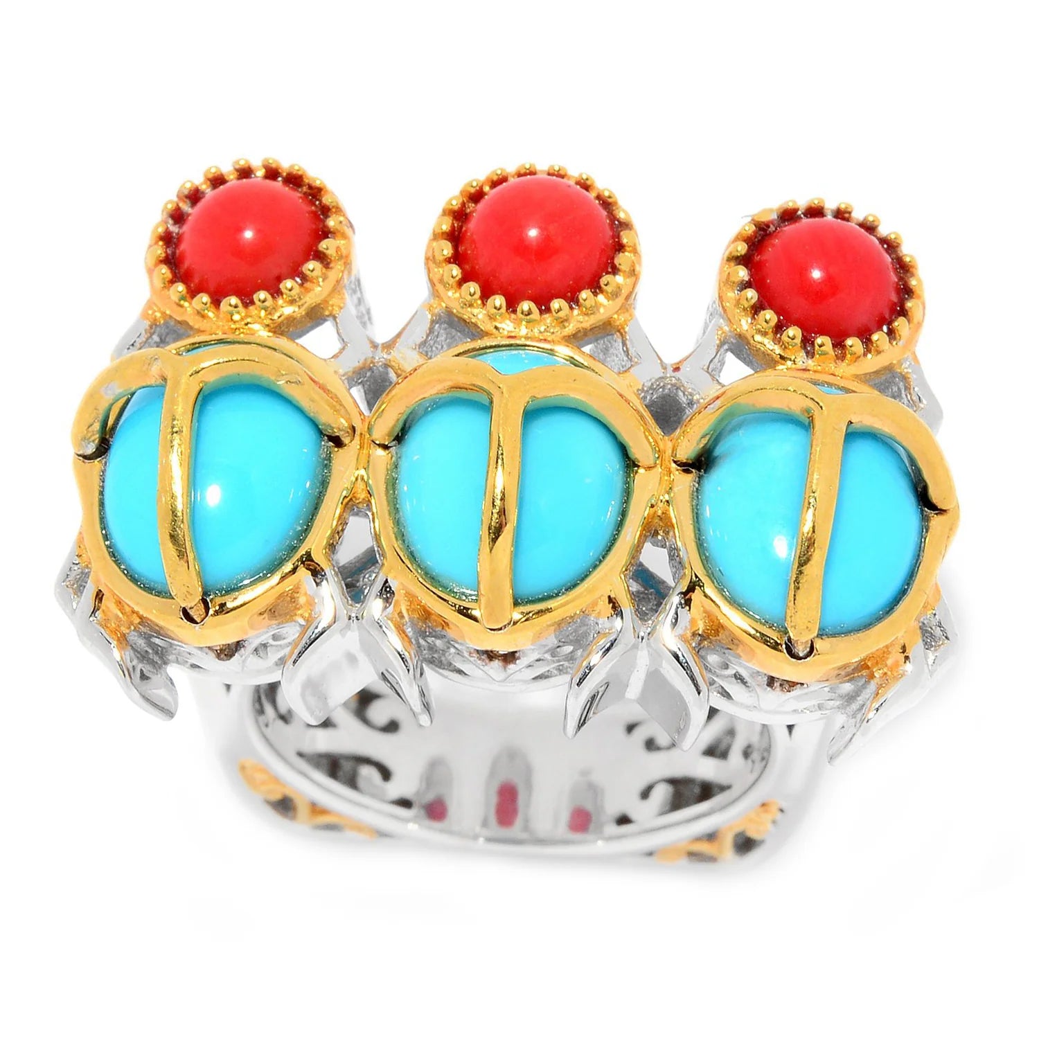 Gems en Vogue Kingman Turquoise & Red Coral The Egyptian Beetle Ring