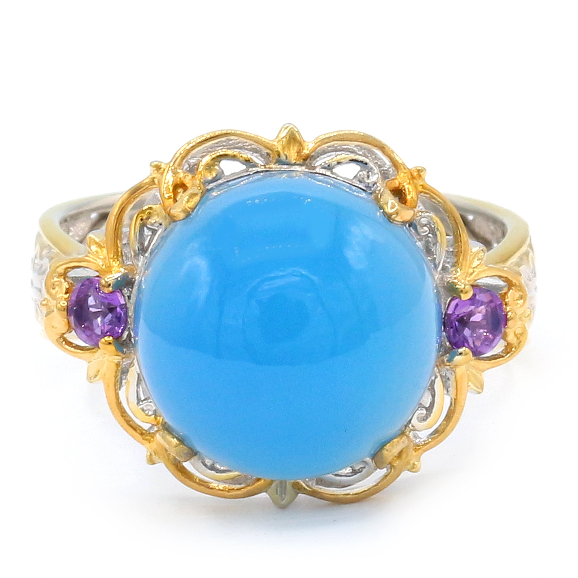 Gems en Vogue 24K Palladium Silver Round Royal Blue Chalcedony & Amethyst Ring