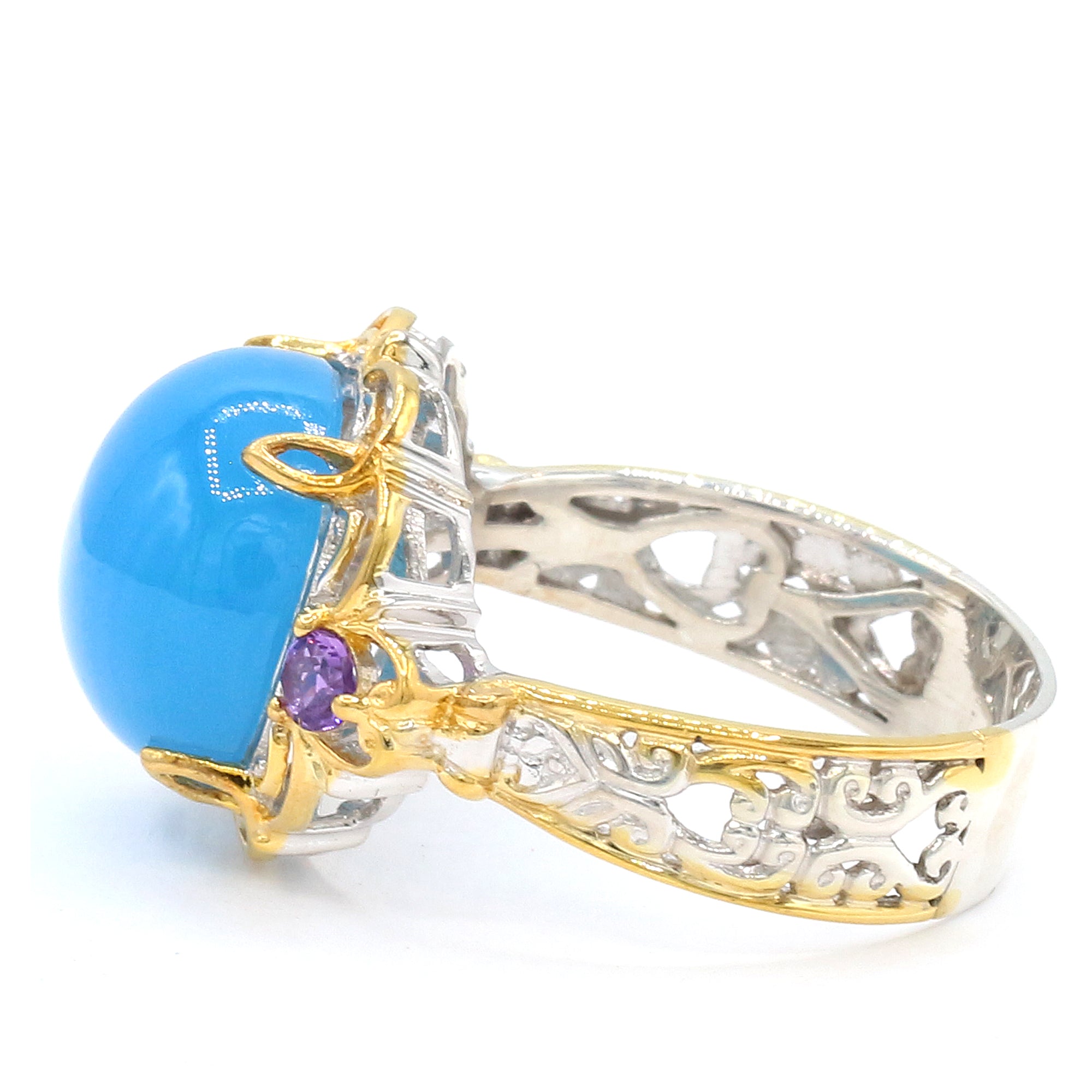 Gems en Vogue 24K Palladium Silver Round Royal Blue Chalcedony & Amethyst Ring