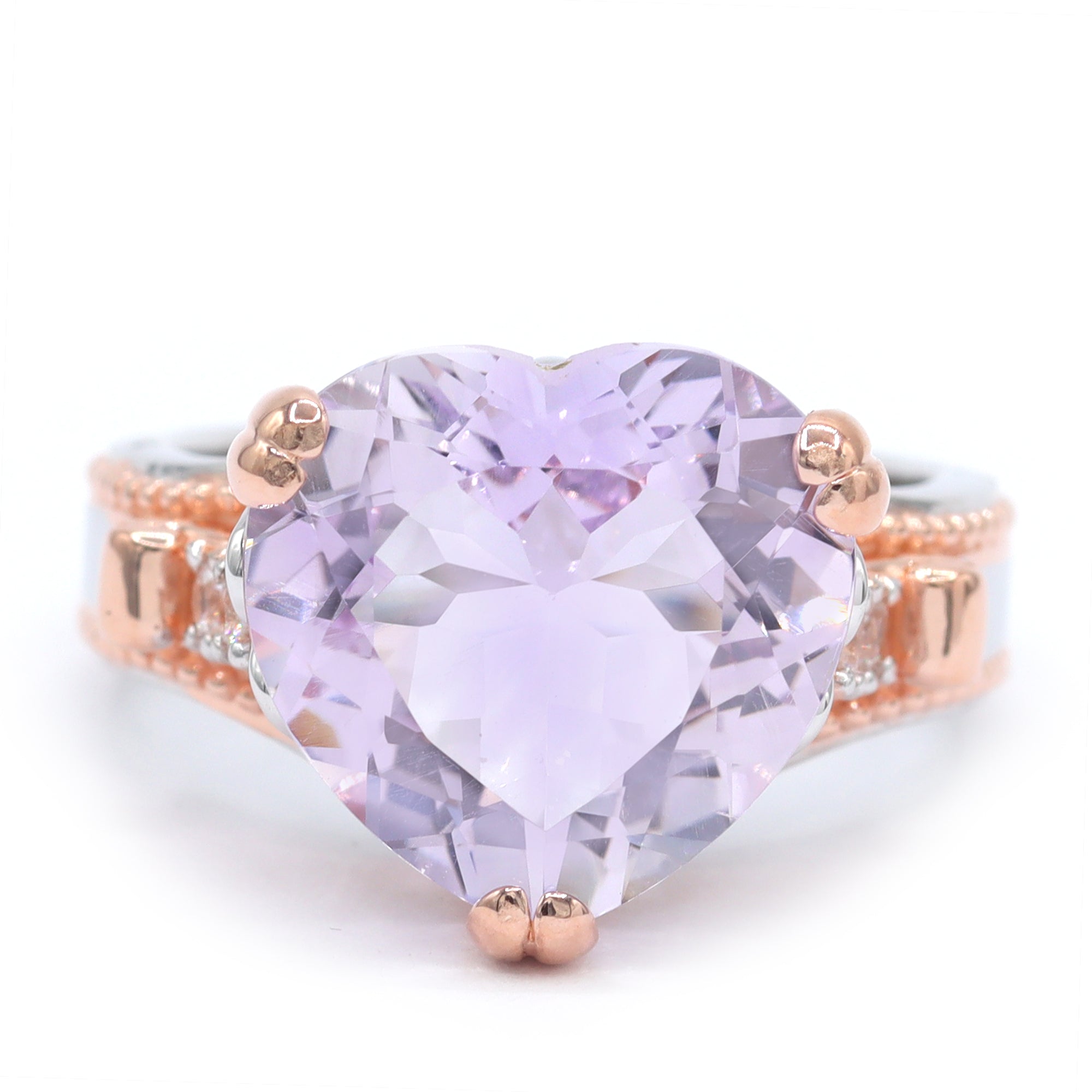 Gems en Vogue One-of-a-Kind 18K Palladium Silver 9.54ctw Heart Shape Pink Amethyst & White Zircon Ring