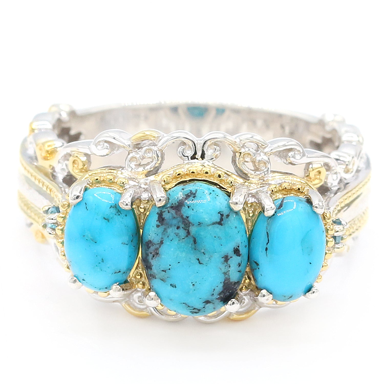 Gems en Vogue Oval Spiderweb Turquoise Three Stone Ring