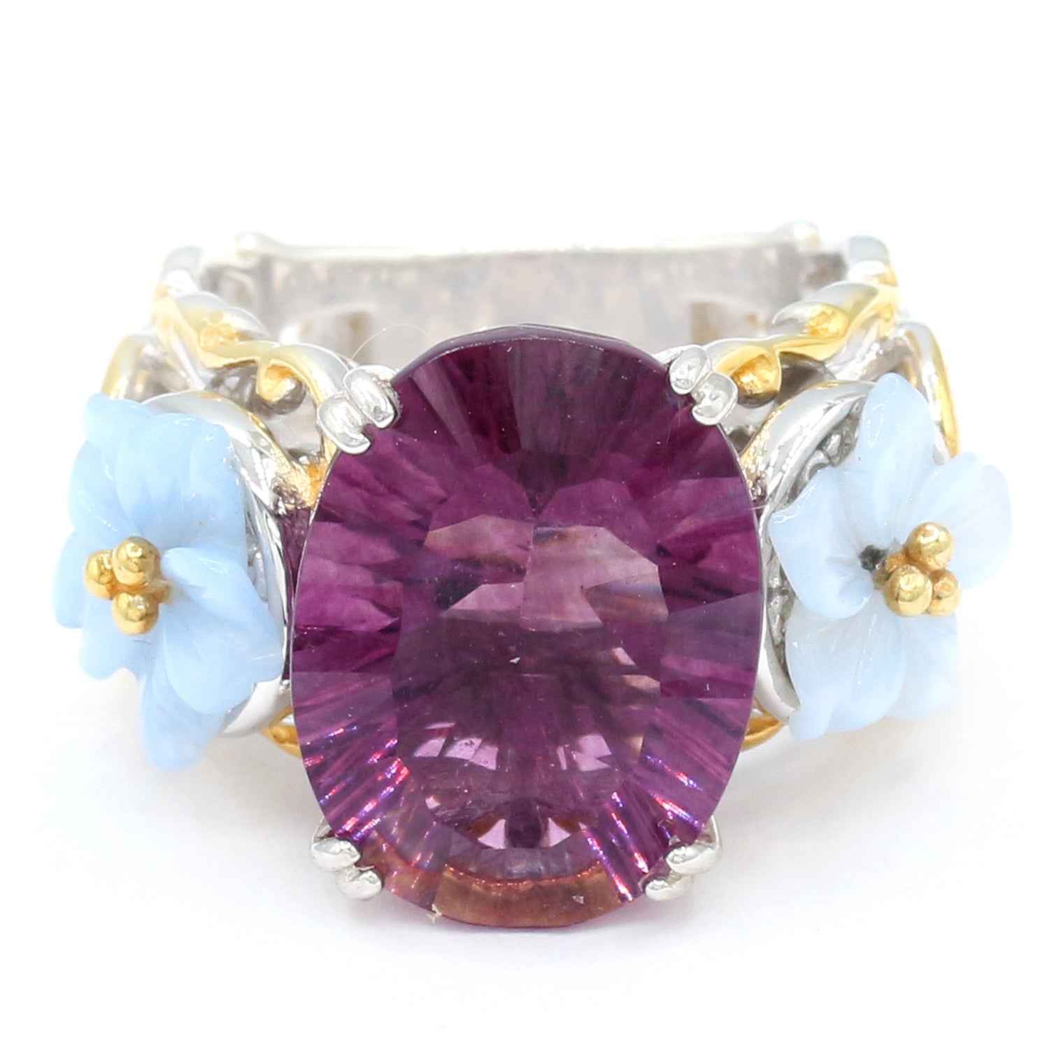 Gems en Vogue 9.96ctw Millennium Special Cut Raspberry Fluorite & Carved Blue Chalcedony Flower Ring