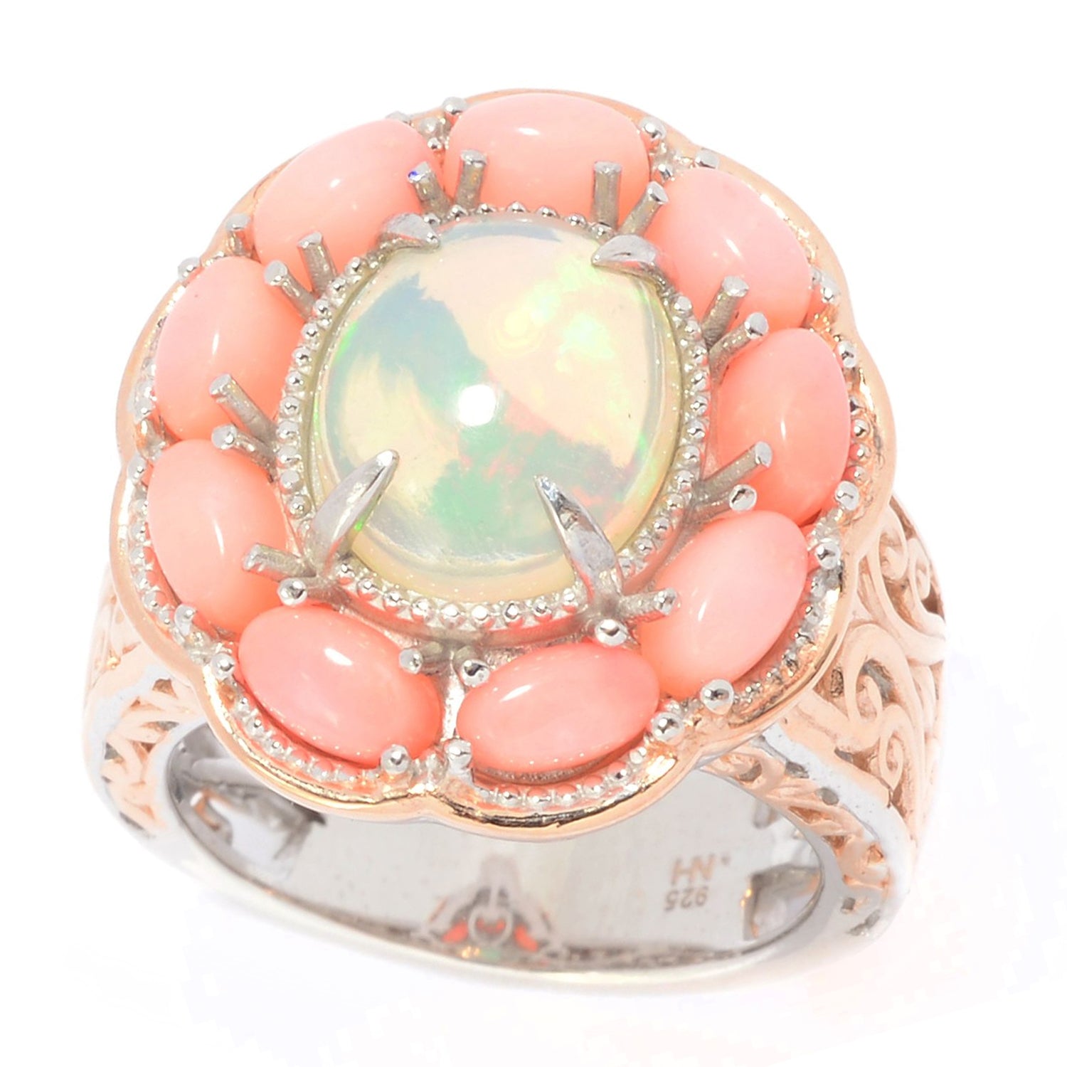 Gems en Vogue Ethiopian Opal & Pink Coral Halo Ring