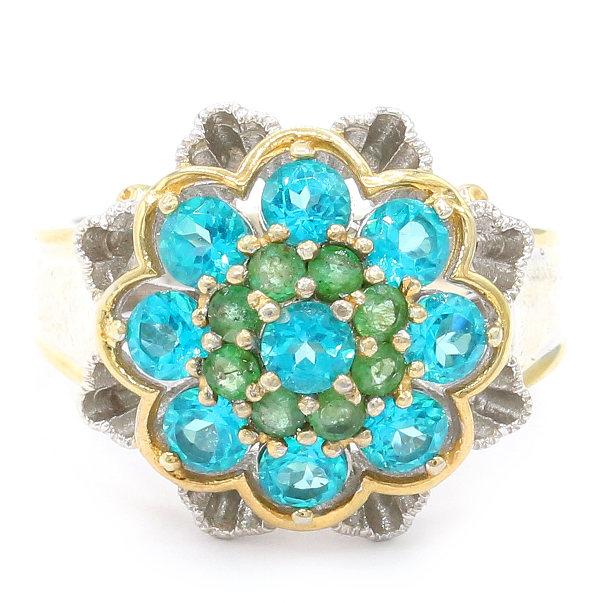 Gems en Vogue 24K Palladium Silver 3.54ctw Paraiba Topaz & Emerald Flower Ring