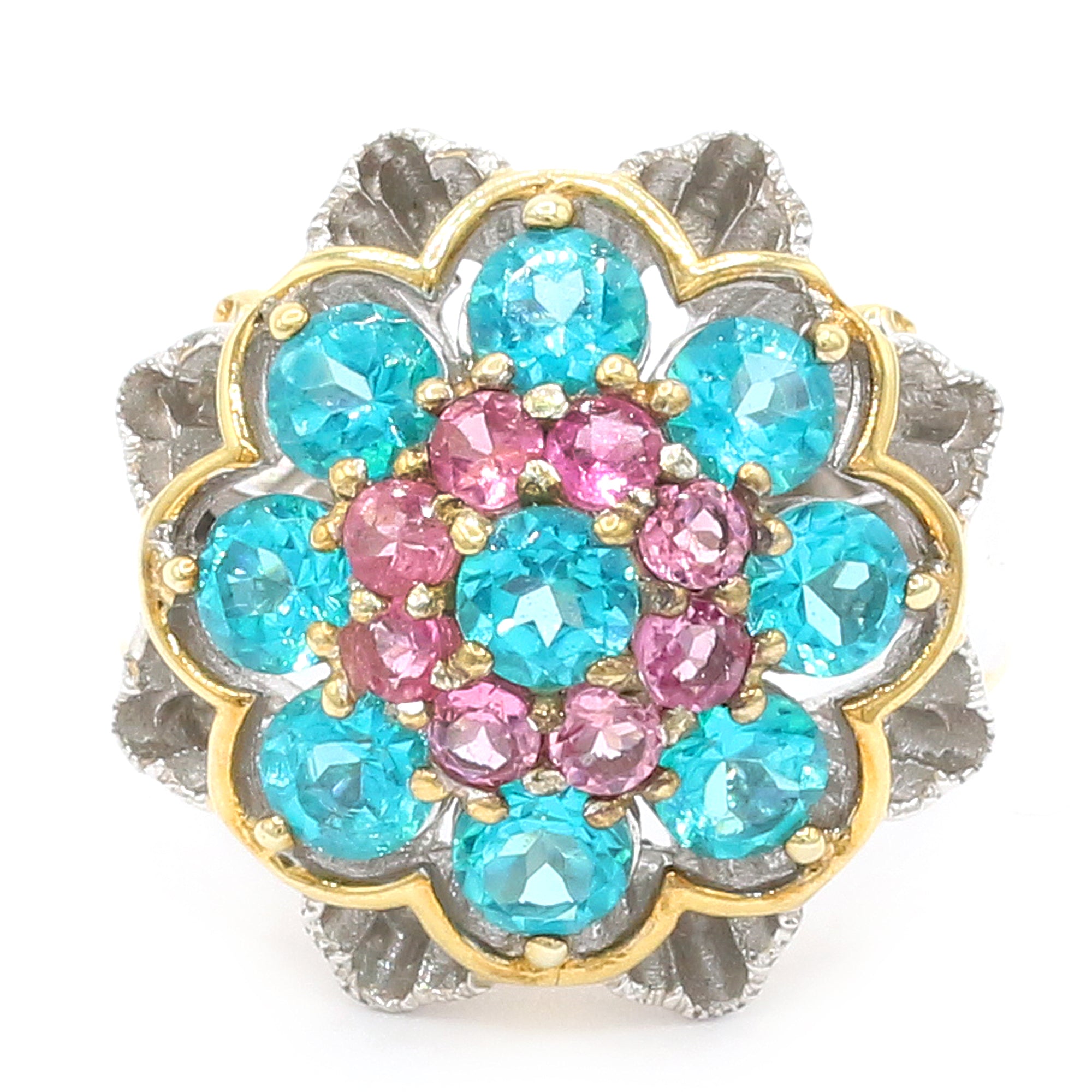 Gems en Vogue 24K Palladium Silver 3.70ctw Paraiba Topaz & Pink Tourmaline Flower Ring