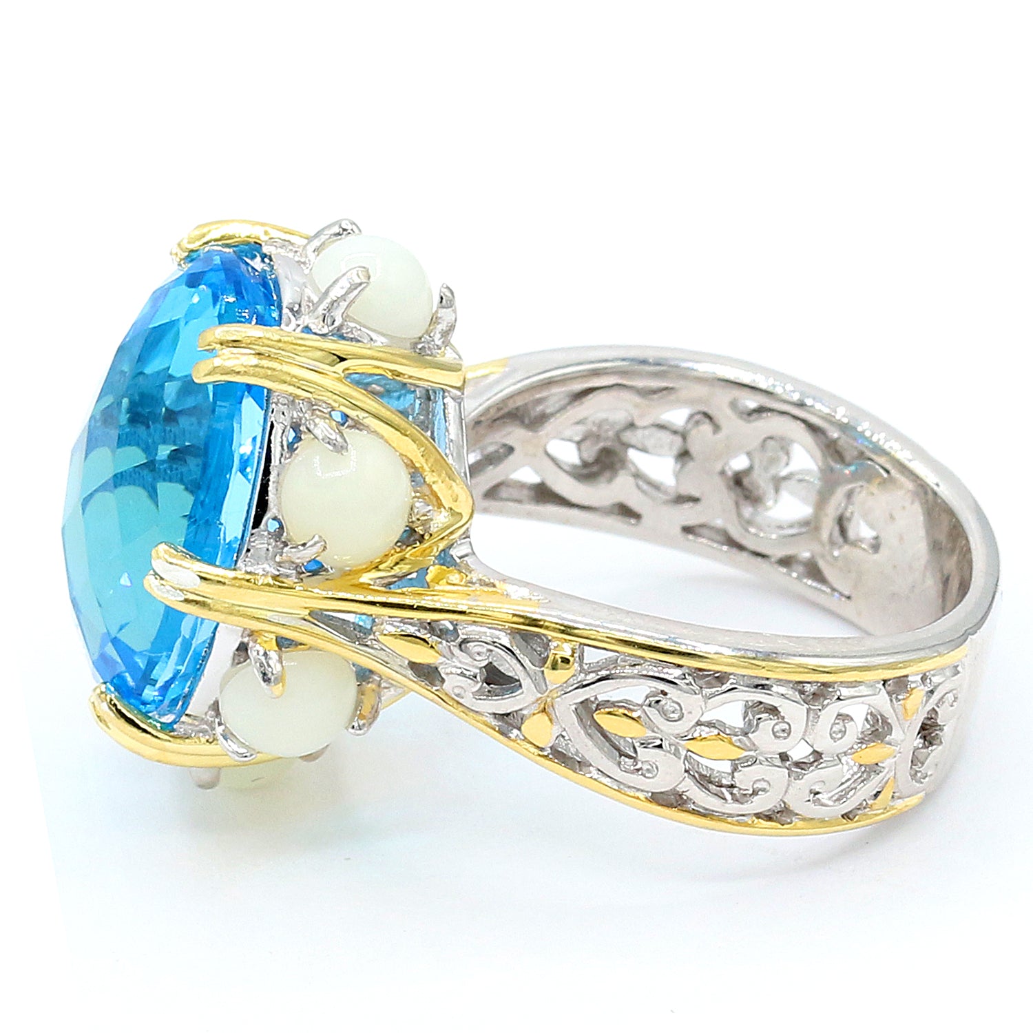 Gems en Vogue 12.87ctw Super Swiss Blue Topaz & White Coral Ring