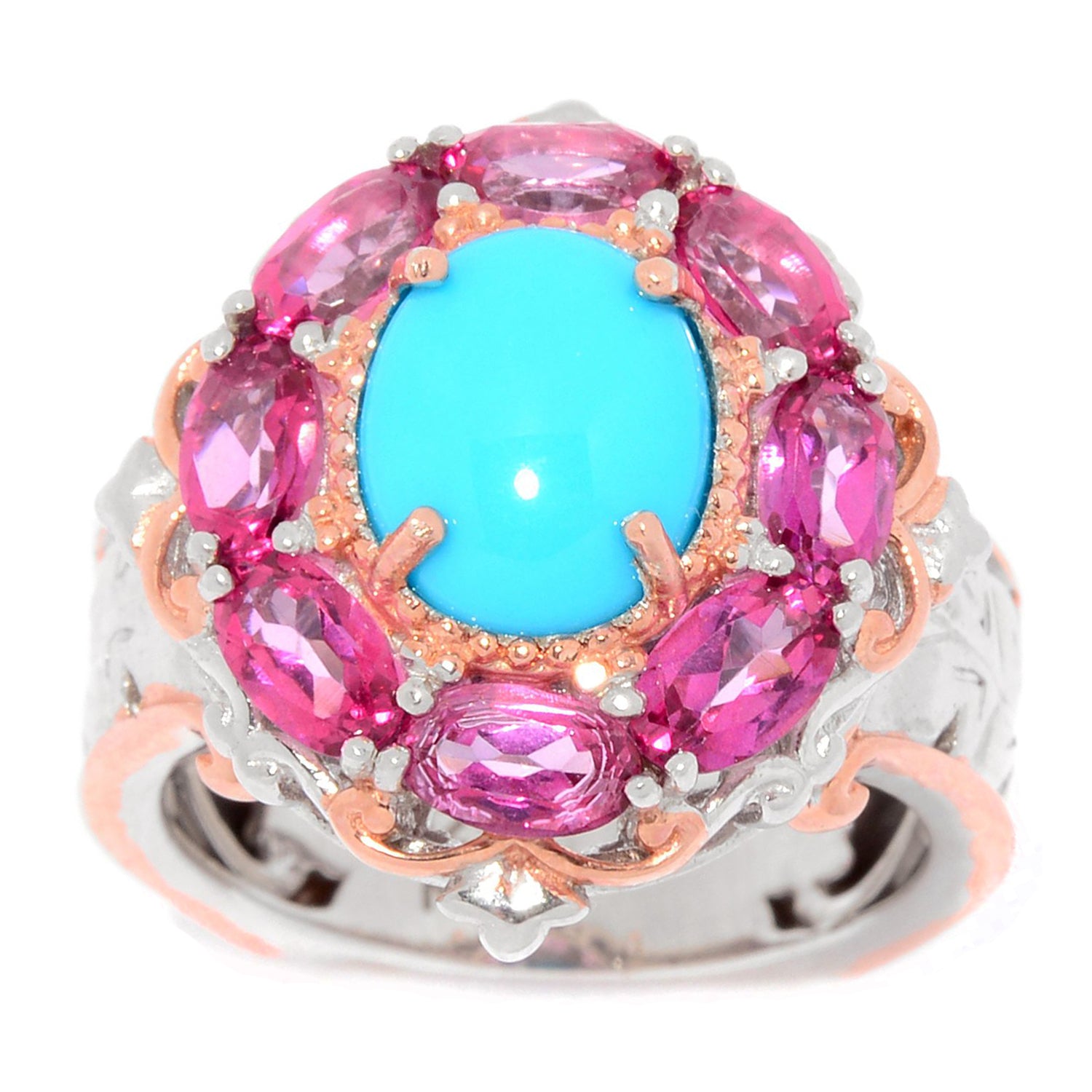 Gems en Vogue Sleeping Beauty Turquoise & Pink Topaz Halo Ring