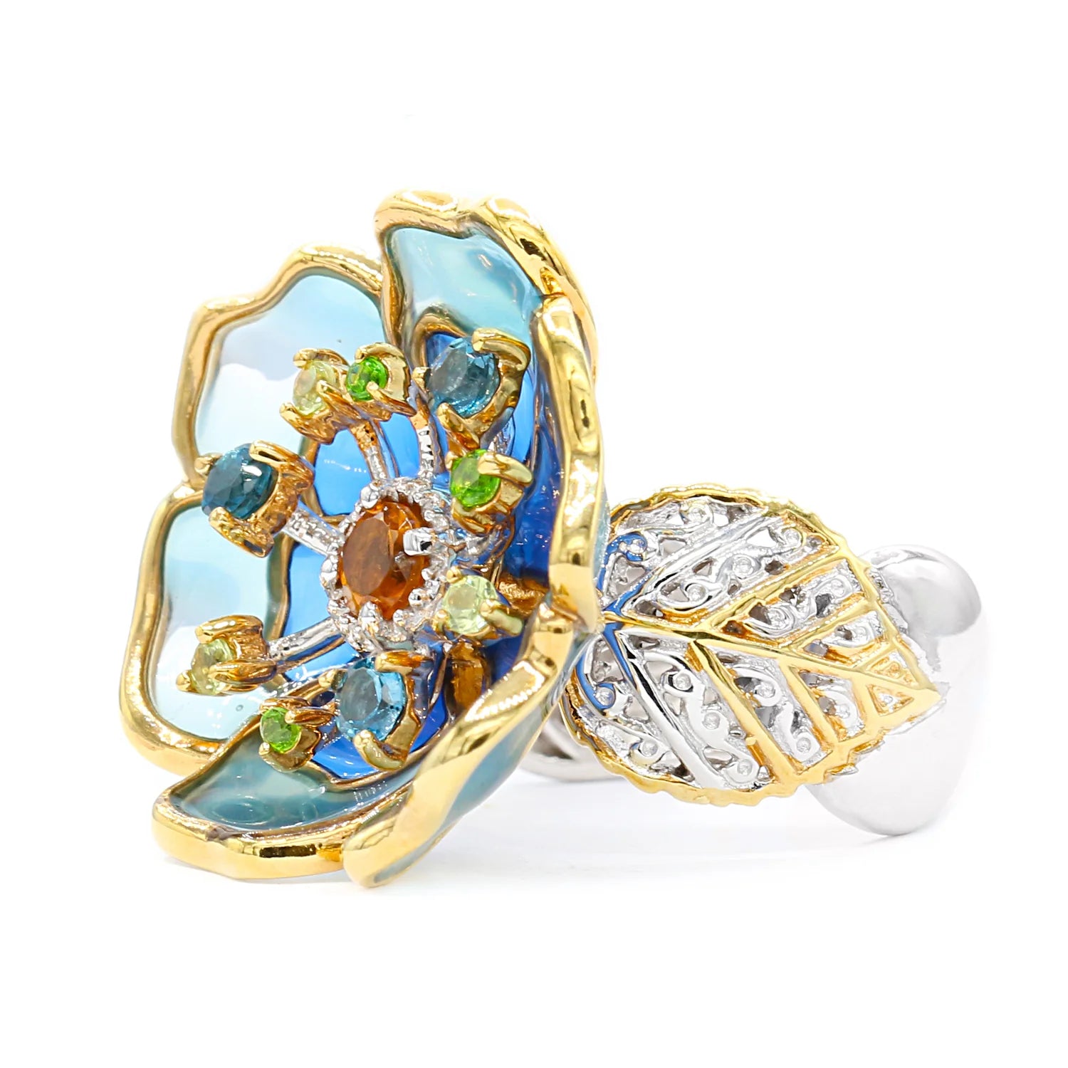 Gems en Vogue 0.84ctw Multiple Gemstone Enameled Blue Flower Ring