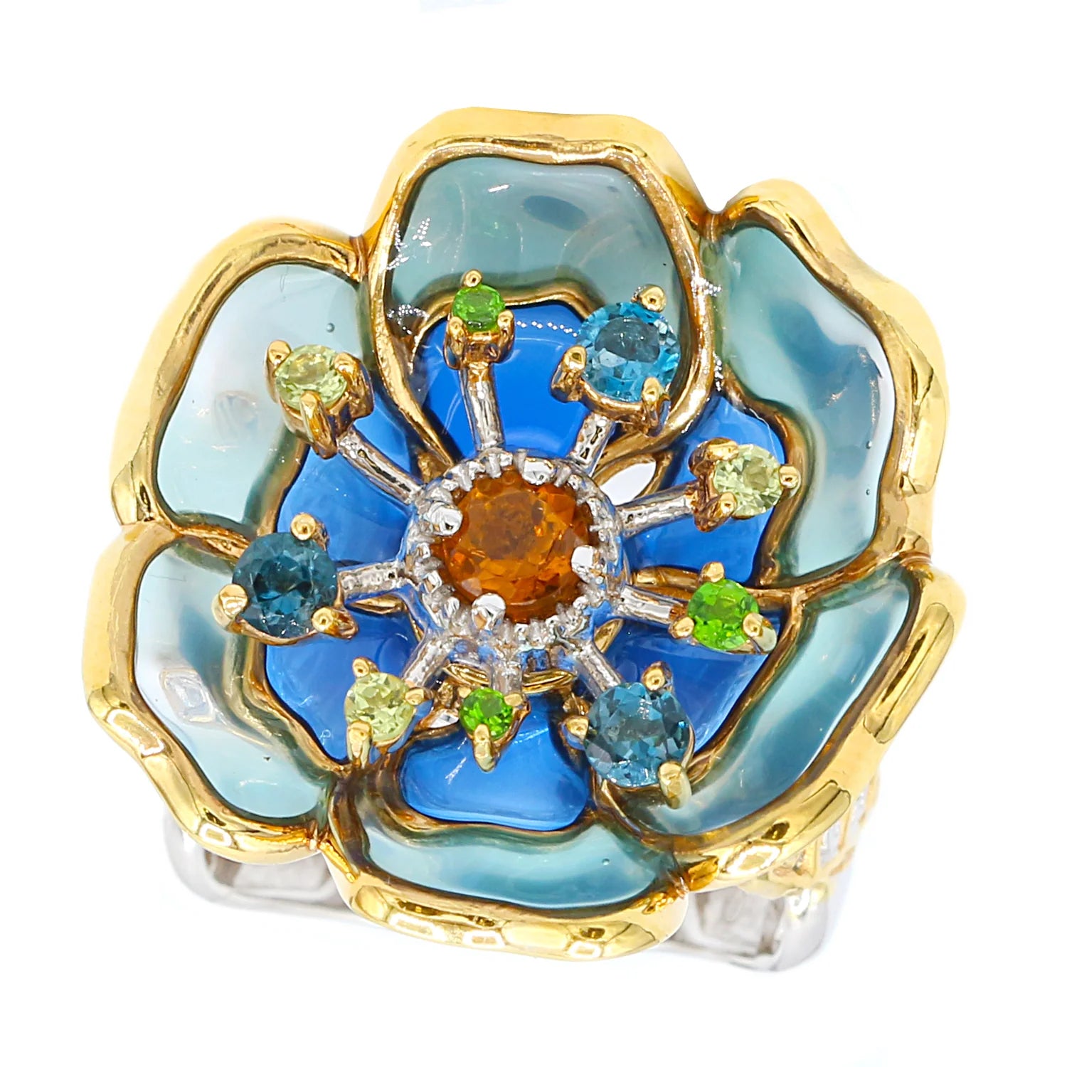 Gems en Vogue 0.84ctw Multiple Gemstone Enameled Blue Flower Ring