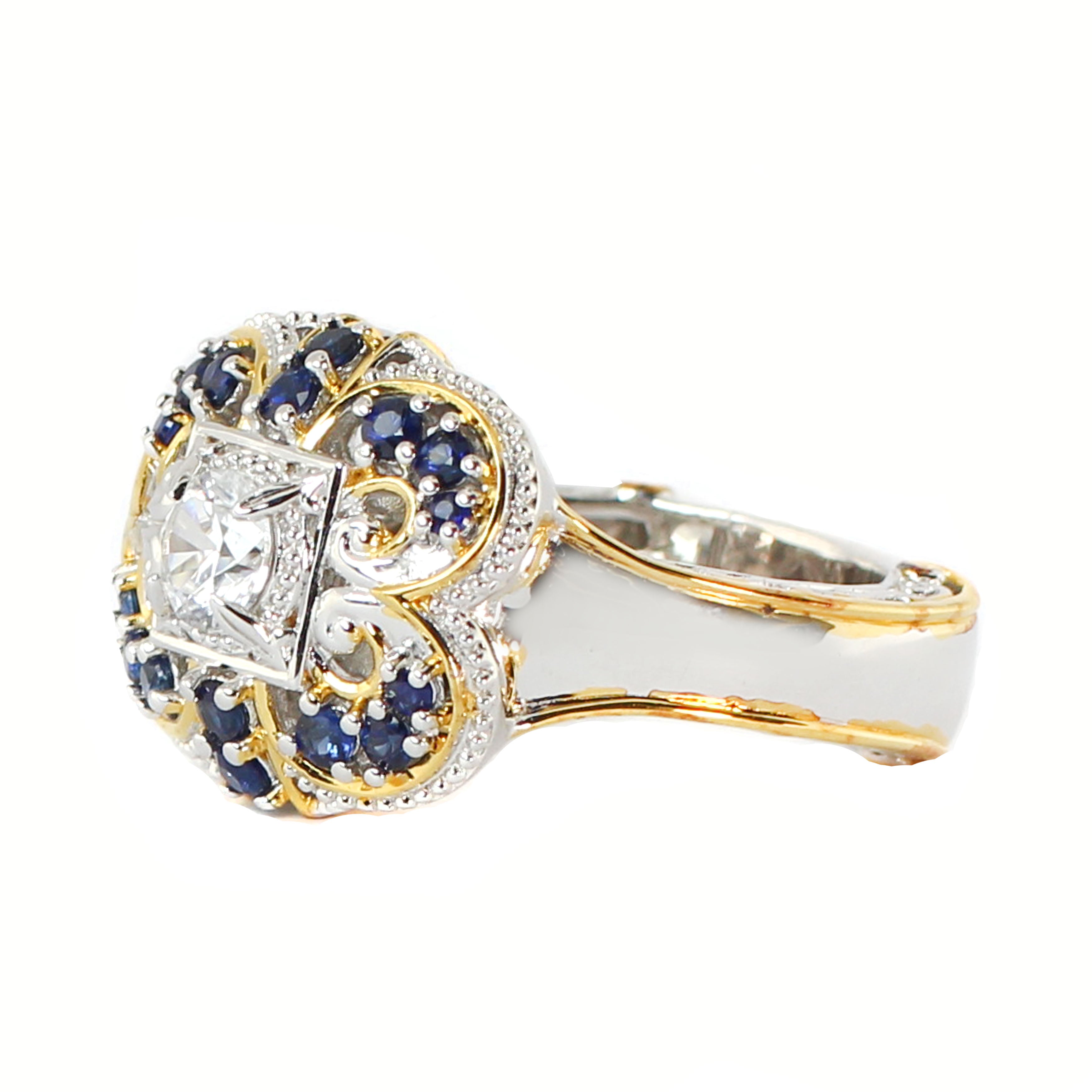 Gems en Vogue 1.34ctw Royal Blue Sapphire & White Zircon Flower Ring