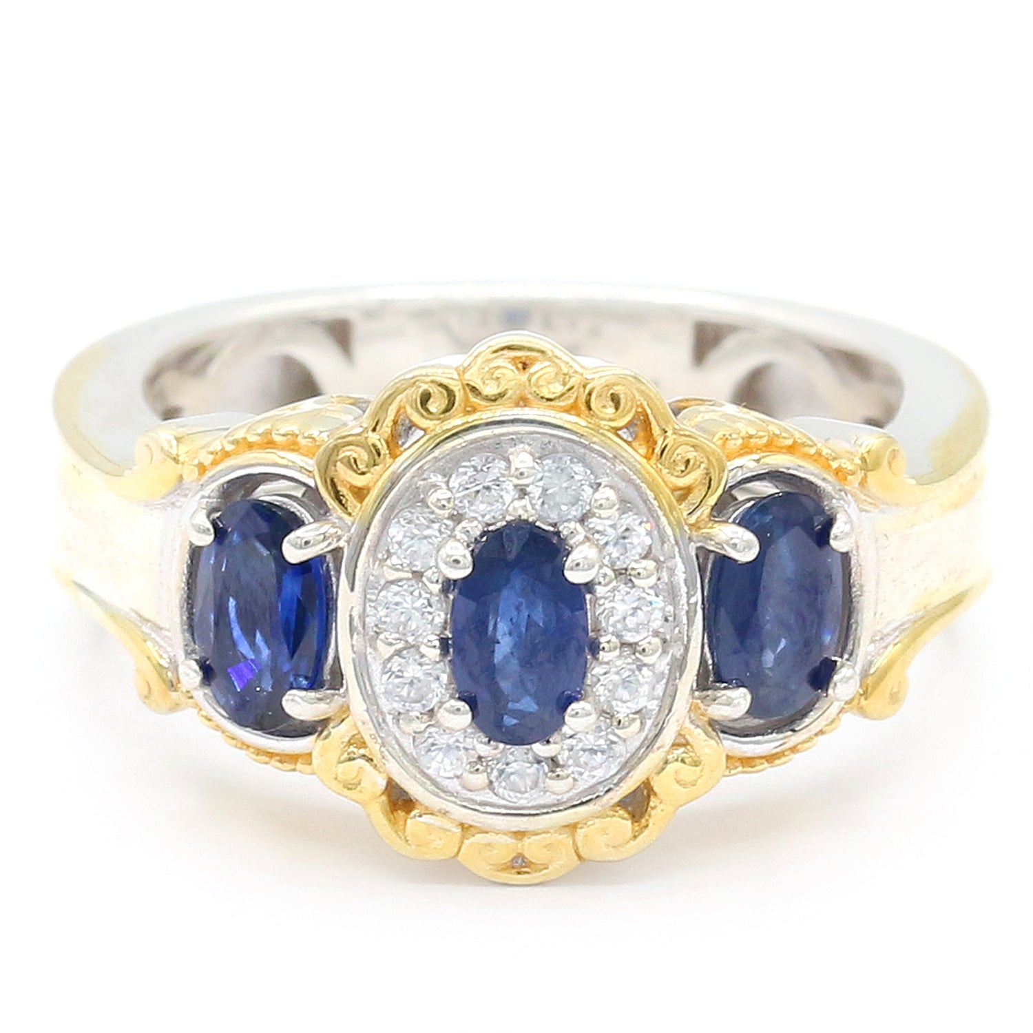 Gems en Vogue 1.59ctw Royal Blue Sapphire & White Zircon Three Stone Ring