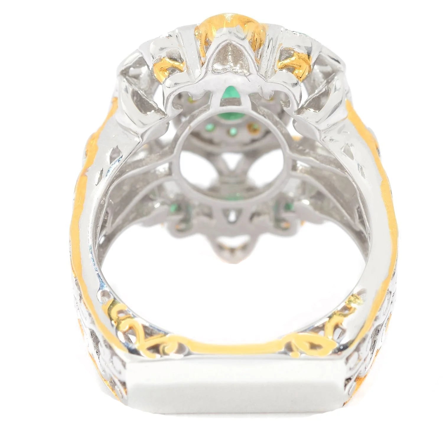 Gems en Vogue 0.76ctw Emerald Cut-out Detailed Scrollwork Halo Ring