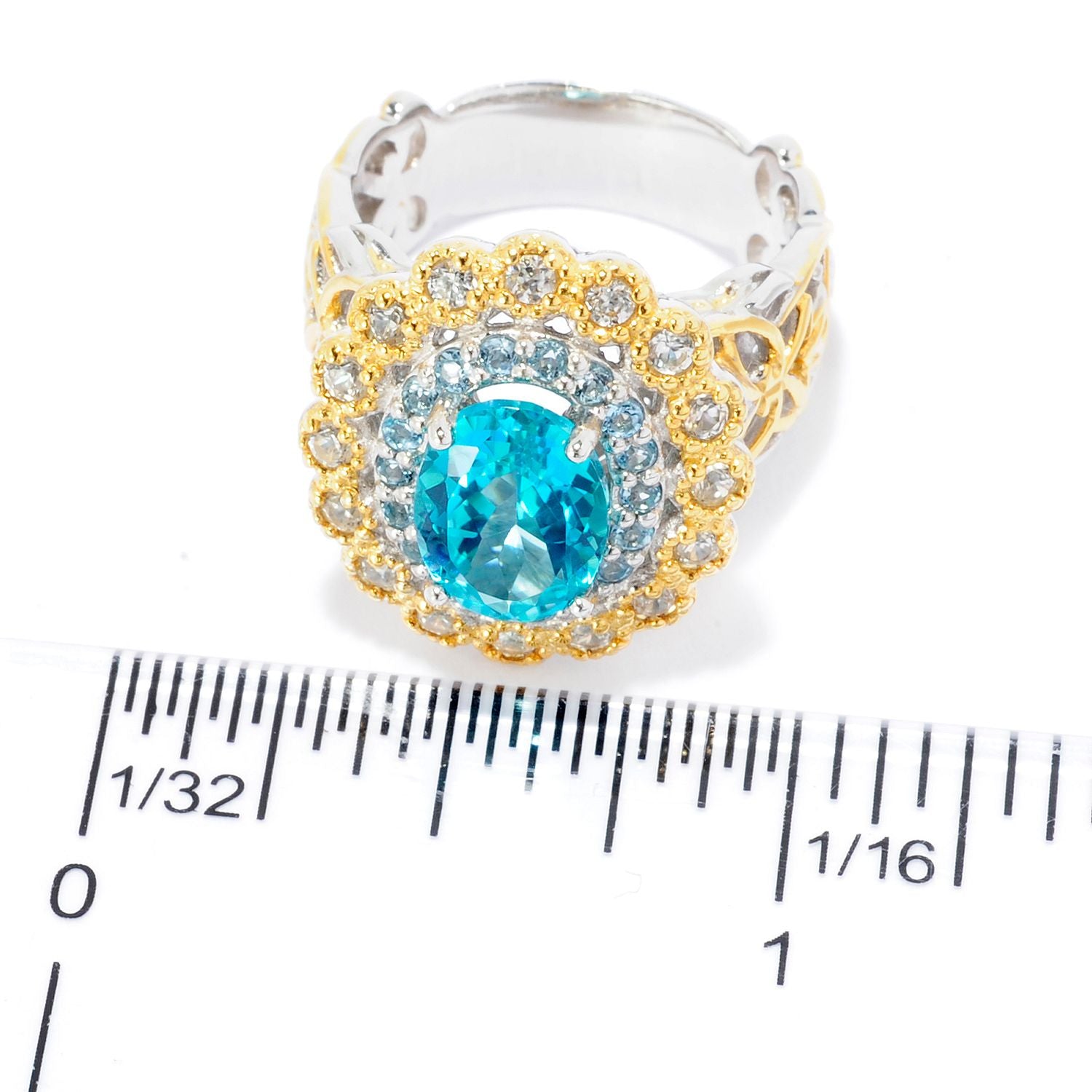 Gems en Vogue 3.74ctw Paraiba Topaz, Swiss Blue Topaz & White Zircon Double Halo Ring