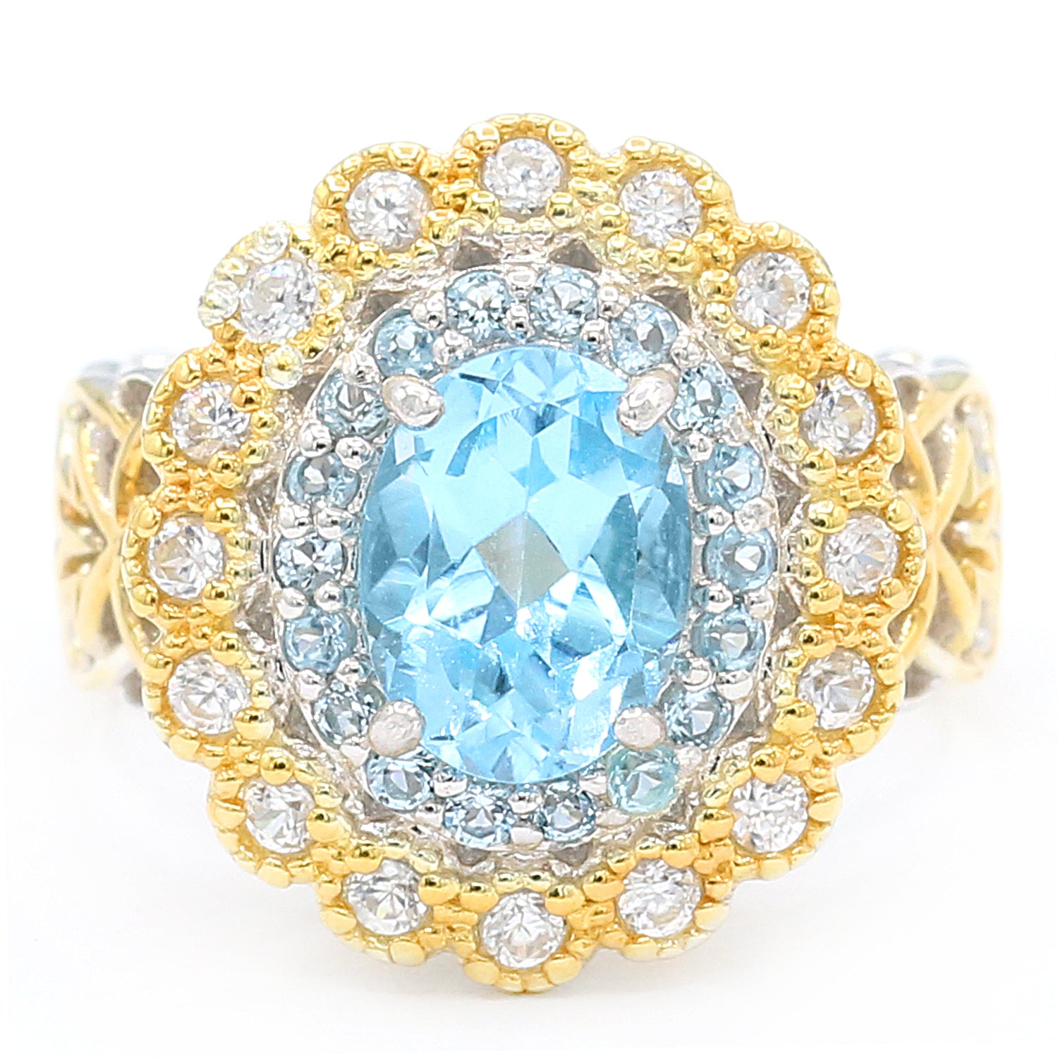Gems en Vogue 3.74ctw Paraiba Topaz, Swiss Blue Topaz & White Zircon Double Halo Ring