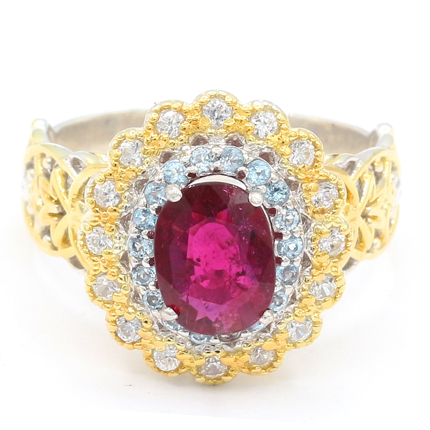 Gems en Vogue One-of-a-Kind 3.54ctw Rubellite, Swiss Blue Topaz & White Zircon Halo Ring