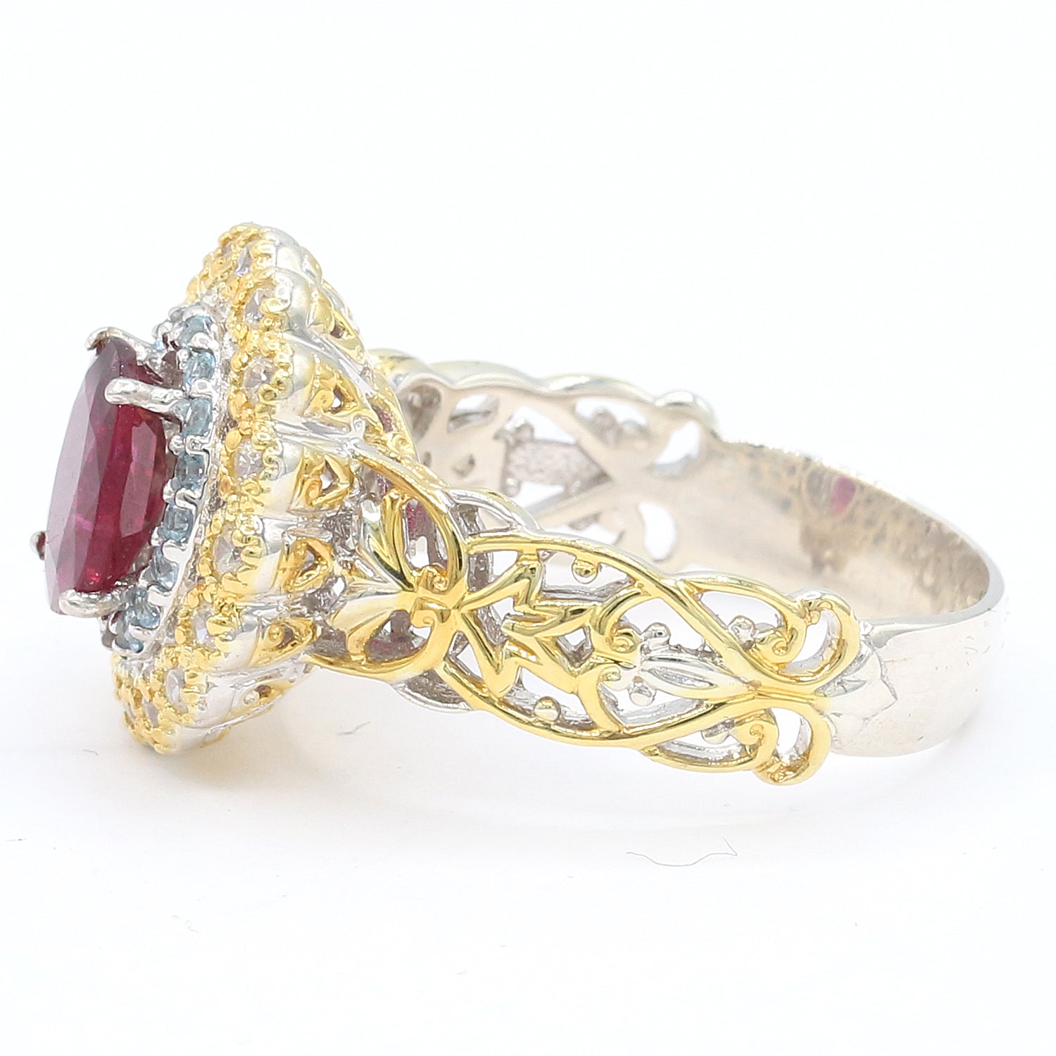 Gems en Vogue One-of-a-Kind 3.54ctw Rubellite, Swiss Blue Topaz & White Zircon Halo Ring