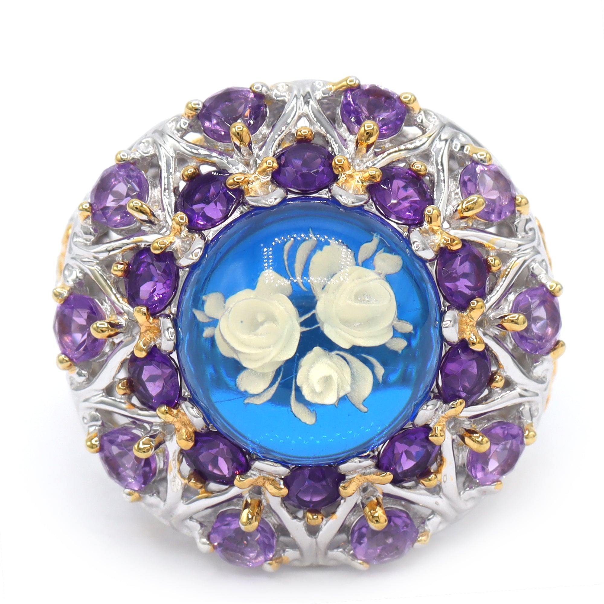Gems en Vogue One-of-a-Kind 24K Palladium Silver Carved Blue Amber & Amethyst Flower Ring
