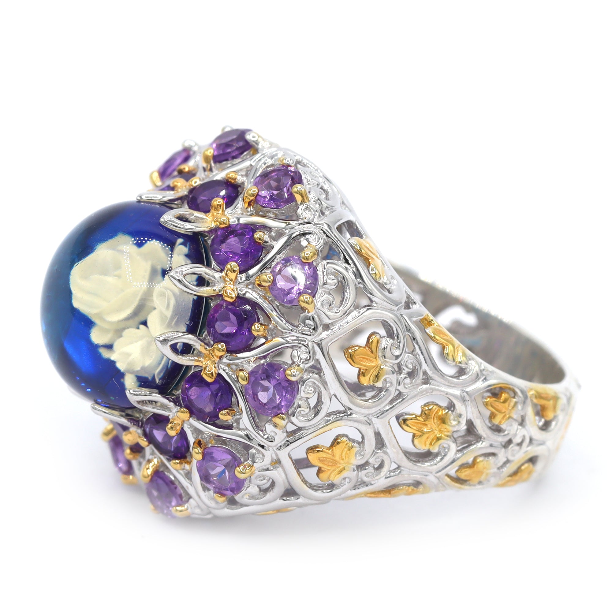 Gems en Vogue One-of-a-Kind 24K Palladium Silver Carved Blue Amber & Amethyst Flower Ring